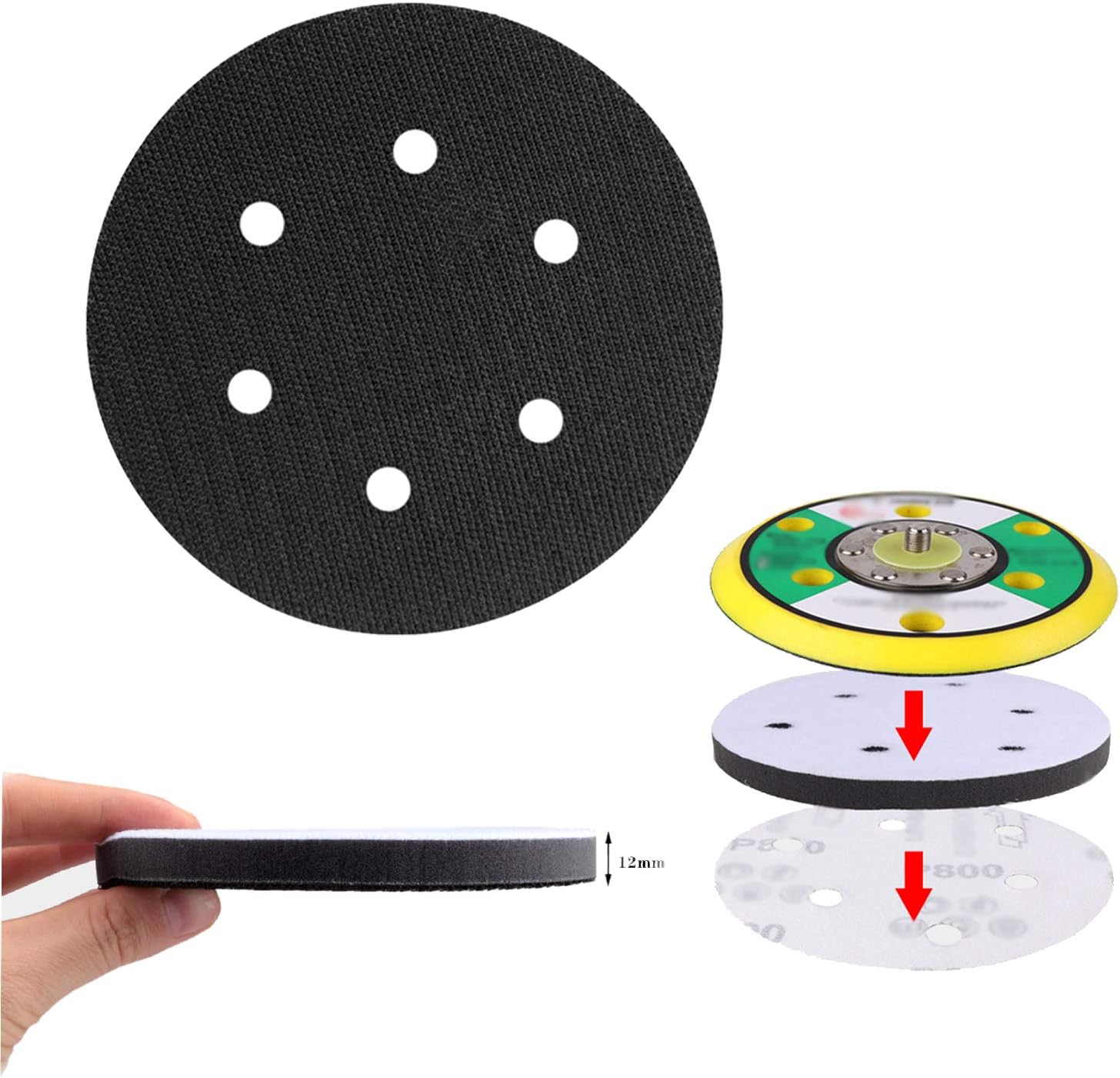 Zaky 1 pack 6 Inch Interface Pad 6 Holes Soft Sponge Sanding Disc Backing Pads Hook for Pneumatic and Electrical Self-Cleaning Polishing Machines and Grinding Machines