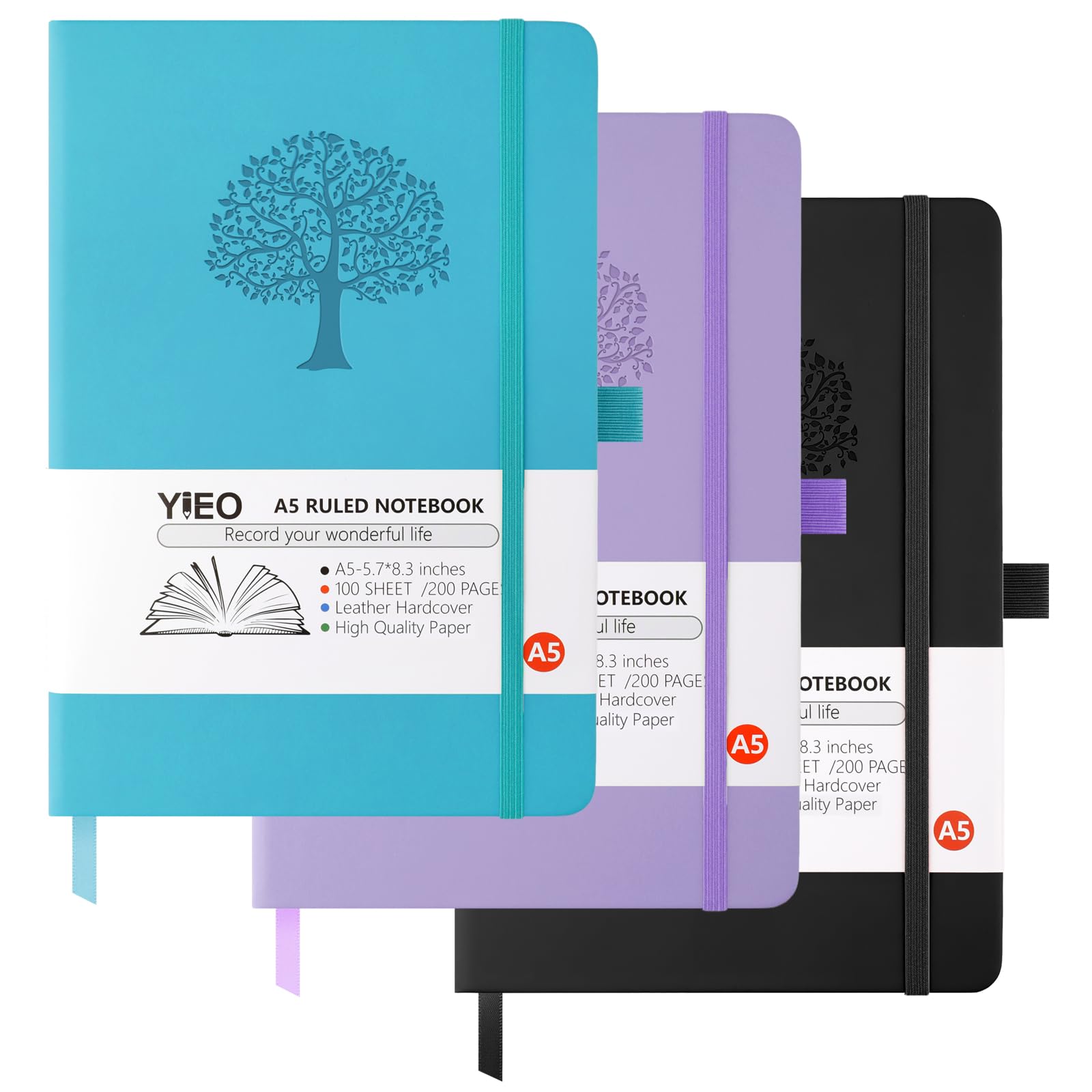 YIEO A5 Journal Notebook, 3 Pack Leather Notebook Journal for Men/Women, Hardback Note Book with 80GSM Lined Paper, No Bleed for Writing, Notepad for Office School Supplies (Black, Lakeblue, Purple)