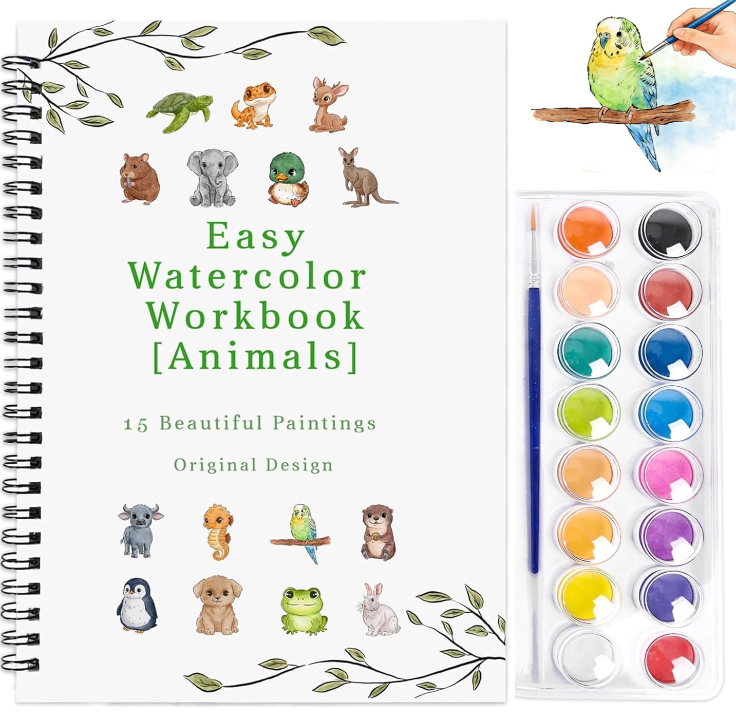 pobuu Watercolour Workbook,15 Animal Patterns of Original DIY Designs,16 Colors Watercolour Paint Set with Brush Palette,Beginner-Friendly Water Colour Workbooks,Water Colouring Book for Adults