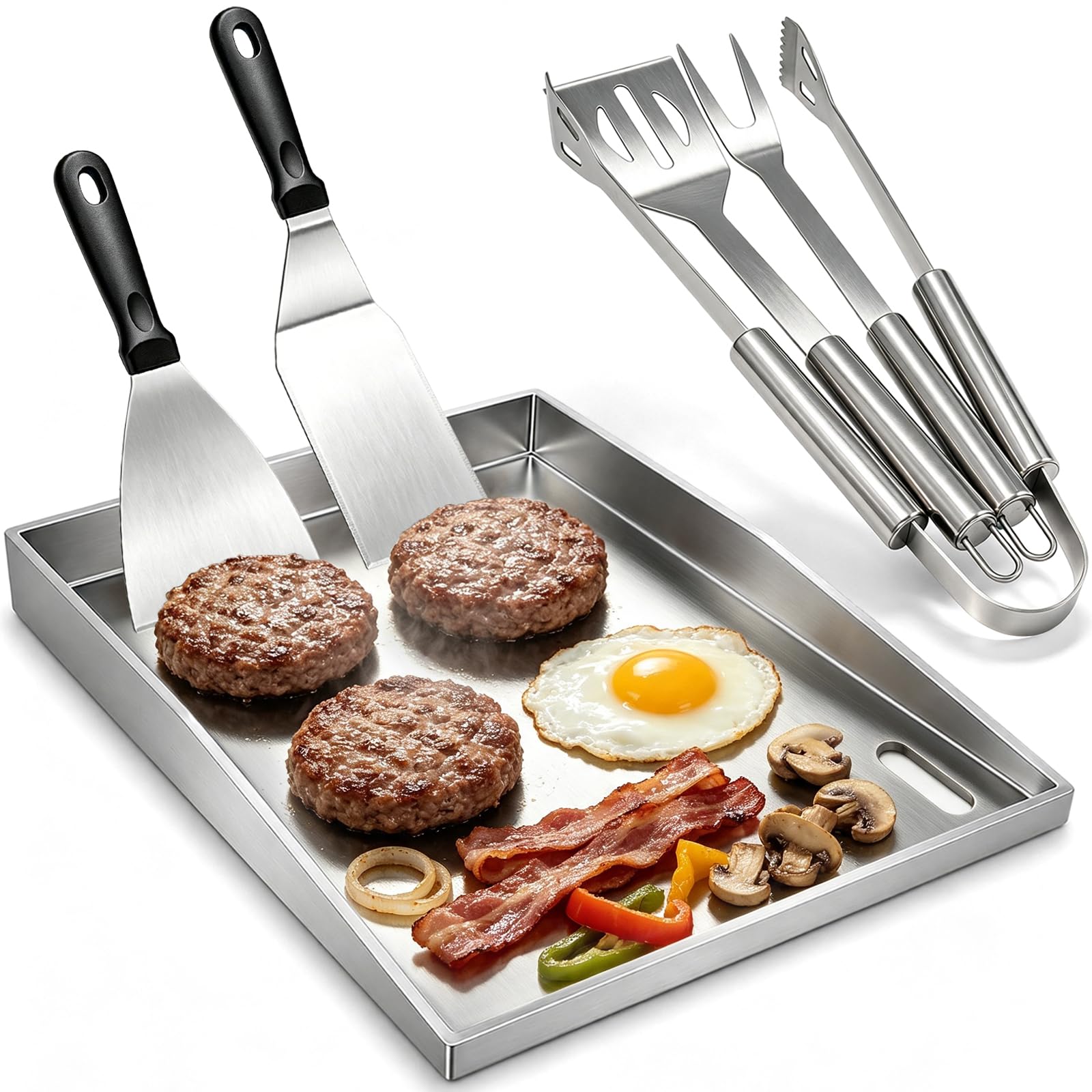 Set di Plancha in Acciaio Inox da 4 mm, 40 x 30 cm, con 5 Pezzi di Utensili per Barbecue, Spatola Inclusa, Stabile e senza Deformazioni, Adatta per Barbecue a Gas e a Carbone.