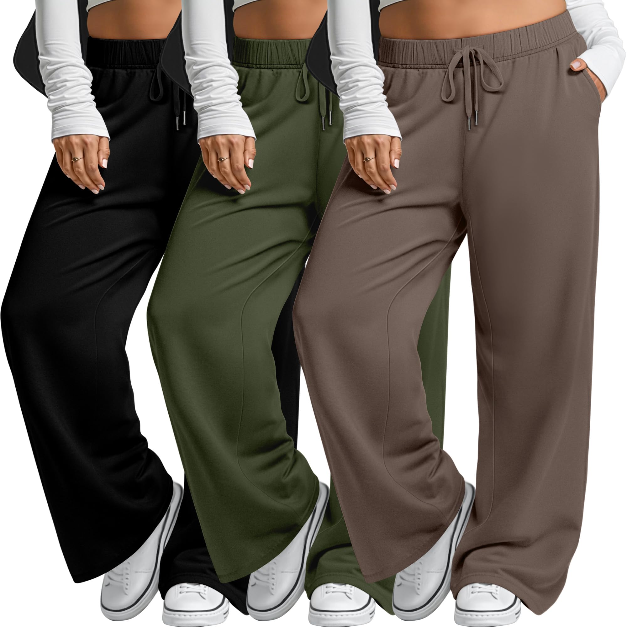 Velvelhall 3 Pack Women's Plus Size Wide Leg Pants Drawstring Lounge Pants with Pockets Loose Yoga Sweatpants Casual Jogger