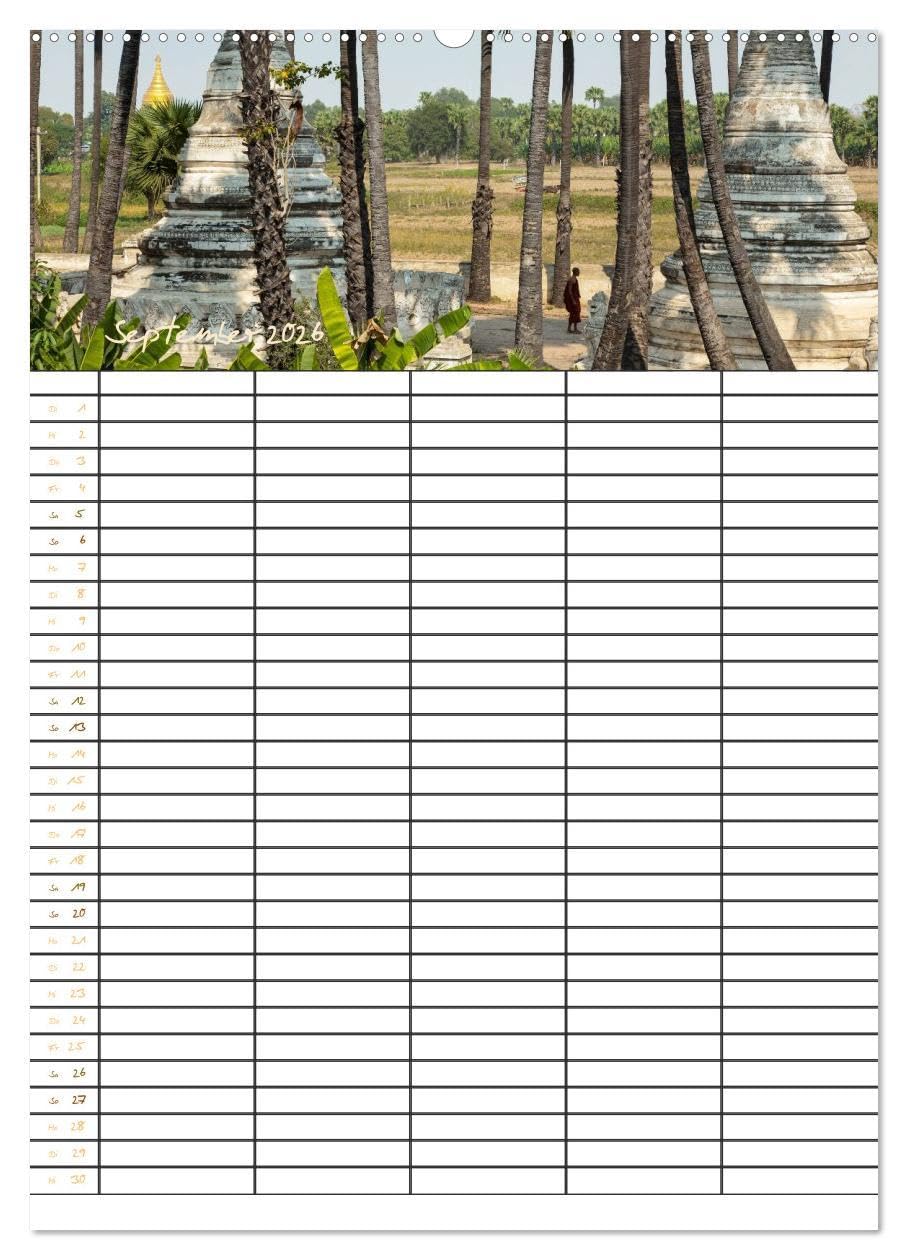 Goldenes Myanmar - Familienkalender 2026 (Wandkalender 2026 DIN A2 hoch), CALVENDO Monatskalender: Myanmar - das Land der Pagoden, Klöster, Mönche und ... 5 Spalten für Ihre Einträge. (CALVENDO Orte)