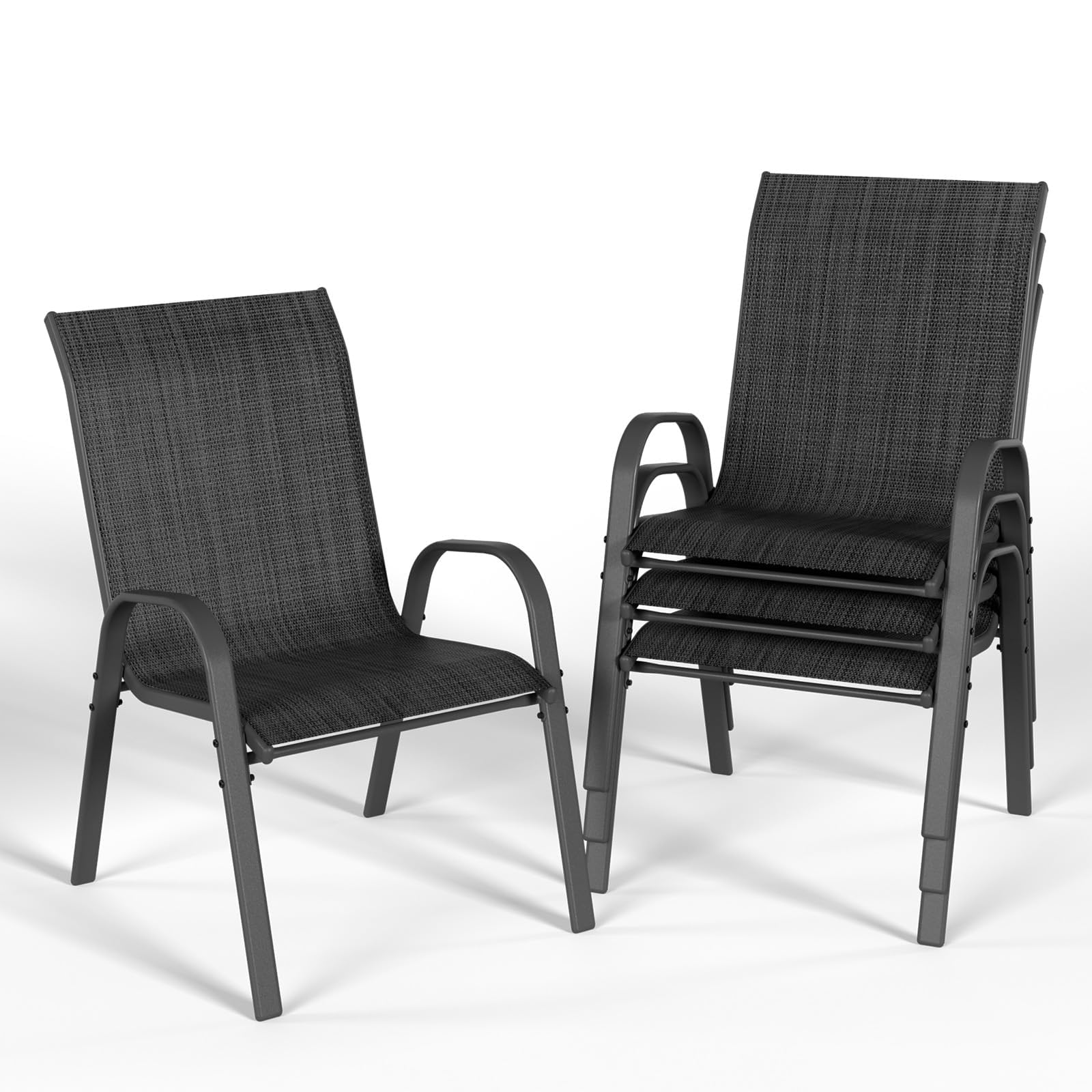 Chaise de jardin empilable de 55 cm UDPATIO lot de 4 fauteuils noirs en textilène pour extérieur