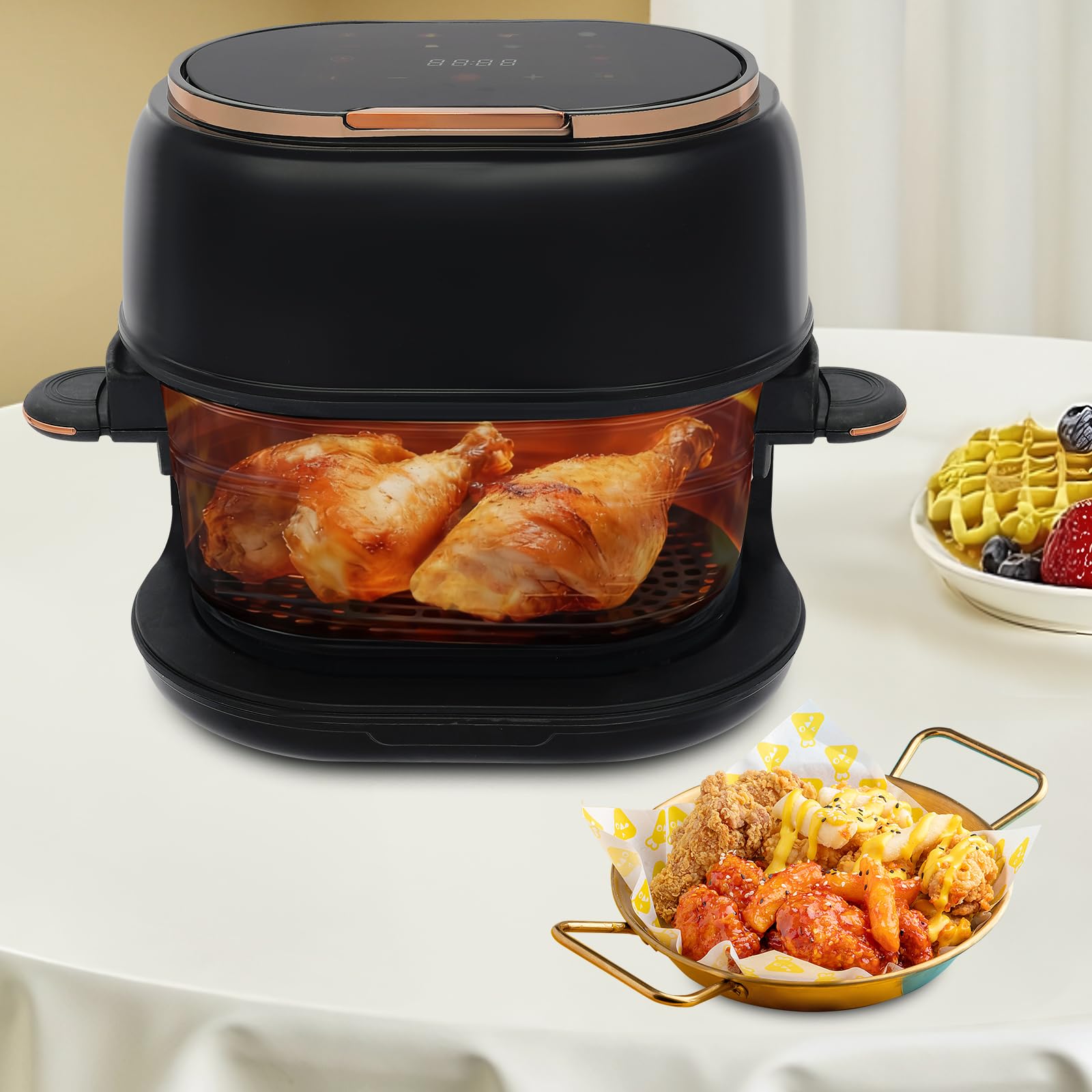Freidora de aire caliente de 4 L con pantalla táctil y cesta de cristal visible, 1350 W, 220-240 V, 140-374 F, temporizador de 24 horas, freidora de aire caliente multifuncional para familia, patatas