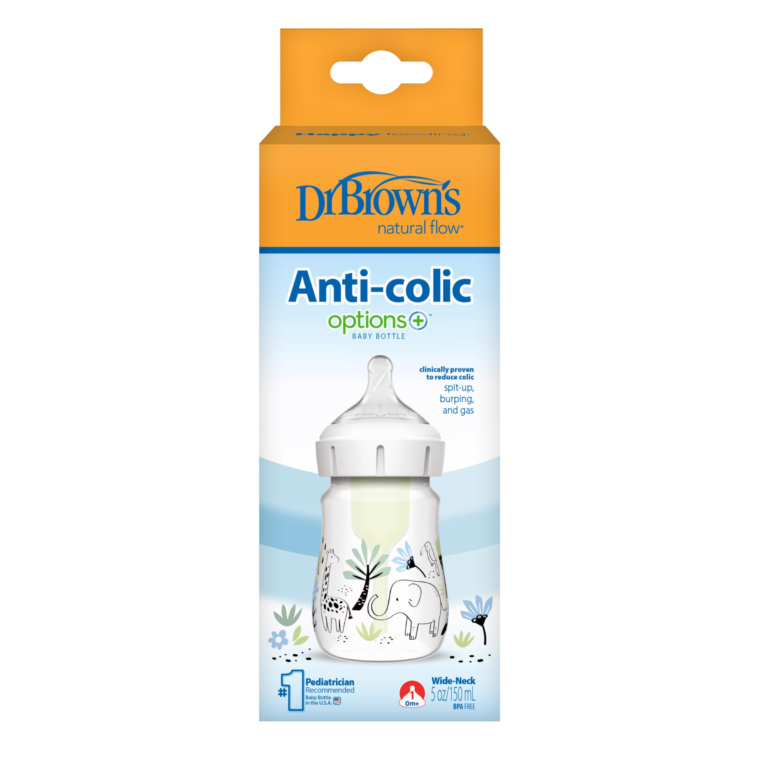 Dr. Brown’s Biberón Anticólicos de Boca Ancha Options+ Selva 150 ml - Sistema Patentado con Ventilación Interna - Tetina Nivel 1 de Flujo Lento +0 Meses - Silicona Médica y Polipropileno Sin BPA