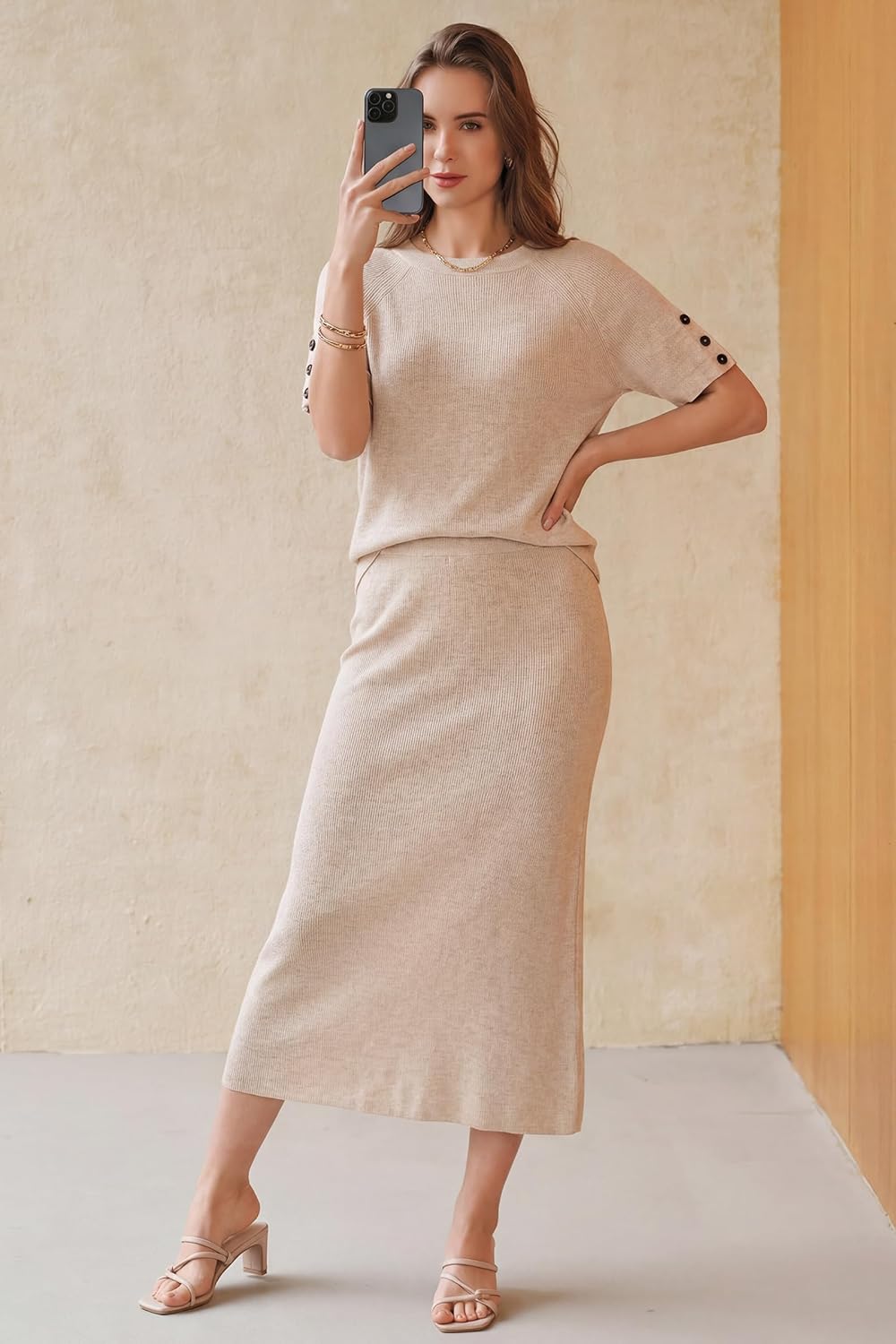 Arach&Cloz Women's Wool Blend Sweater 2 Piece Sets Business Casual Short Sleeve Top Midi Dress Outfits - Image 2