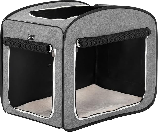 Petsfit Dog Travel Crate,Portable Soft Dog Crate for Travel and Car Use, with Fleece Mat and Pocket Top Zipper Grey, 68 x 45 x 55cm