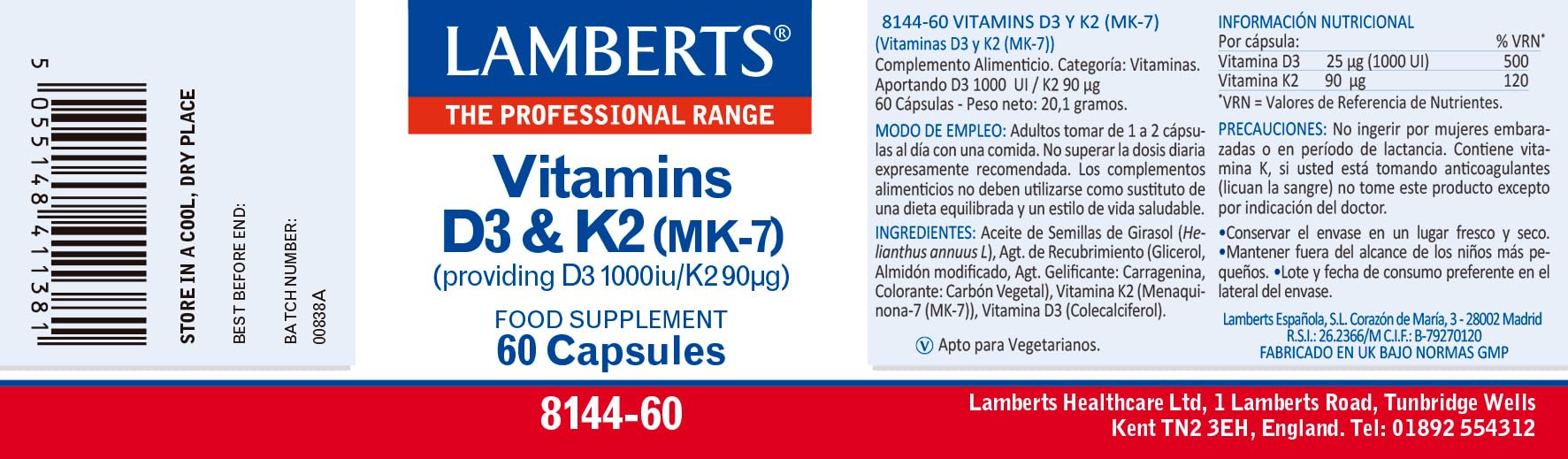 Lamberts Vitaminas D3 1000 UI + K2 90 µg MK-7 | 60 Cápsulas | Sinergia Ósea y Cardiovascular | K2 de Garbanzo Fermentado | Calidad Farmacéutica GMP