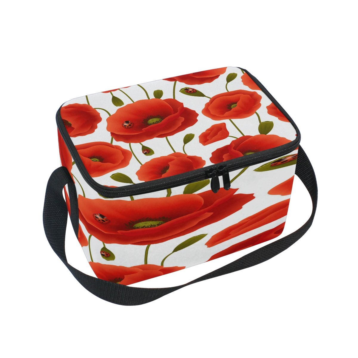 Use7 Cute Ladybug Red Poppy Flower Insulated Lunch Bag Tote Bag Cooler Lunchbox for Picnic School Women Men Kids