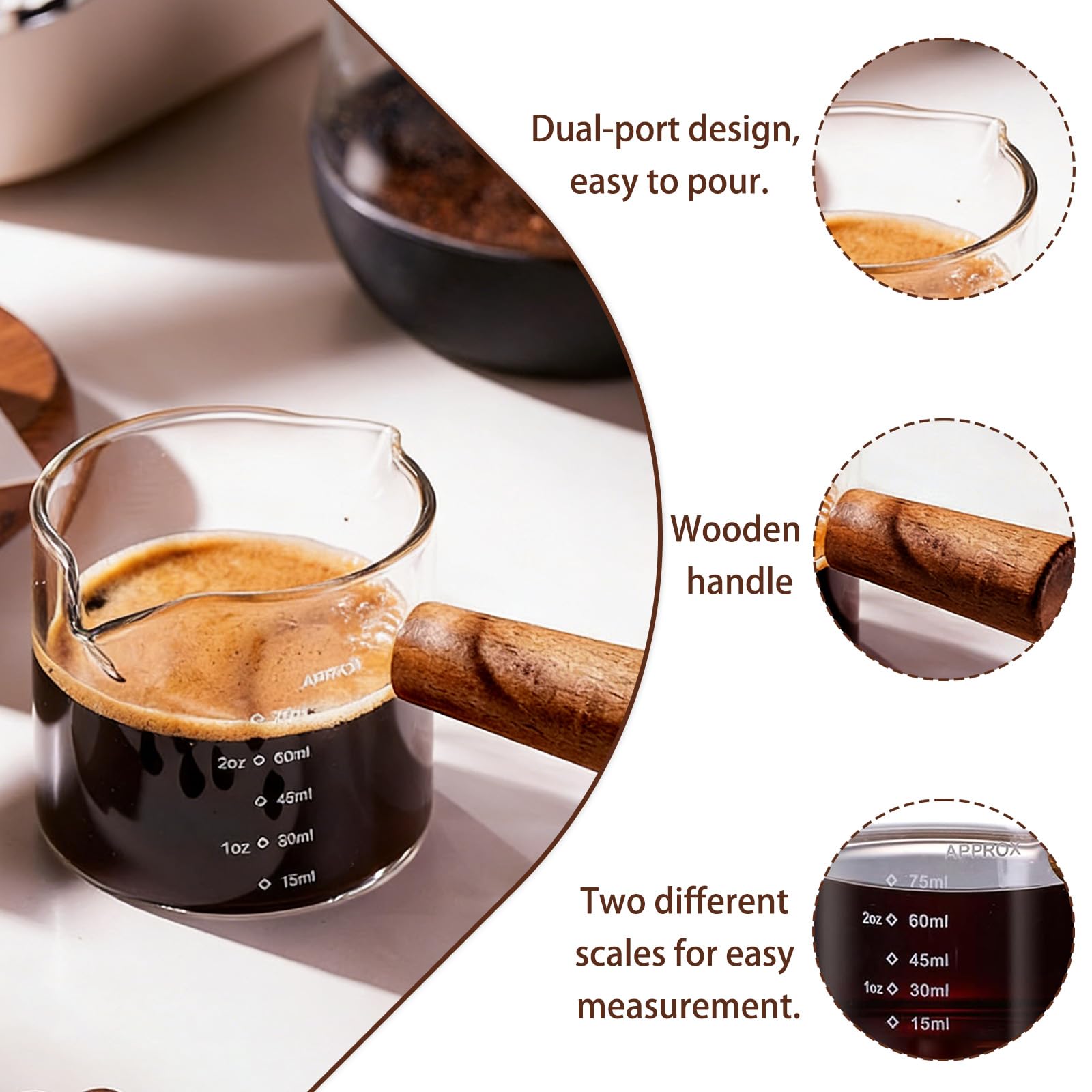 2 kubki z miarką do espresso, z drewnianym uchwytem, 75 ml, podwójny nalewak w kształcie litery V, podwójny nalewak, przezroczyste szkło, dzbanek do spieniania mleka, mały kubek do pomiaru