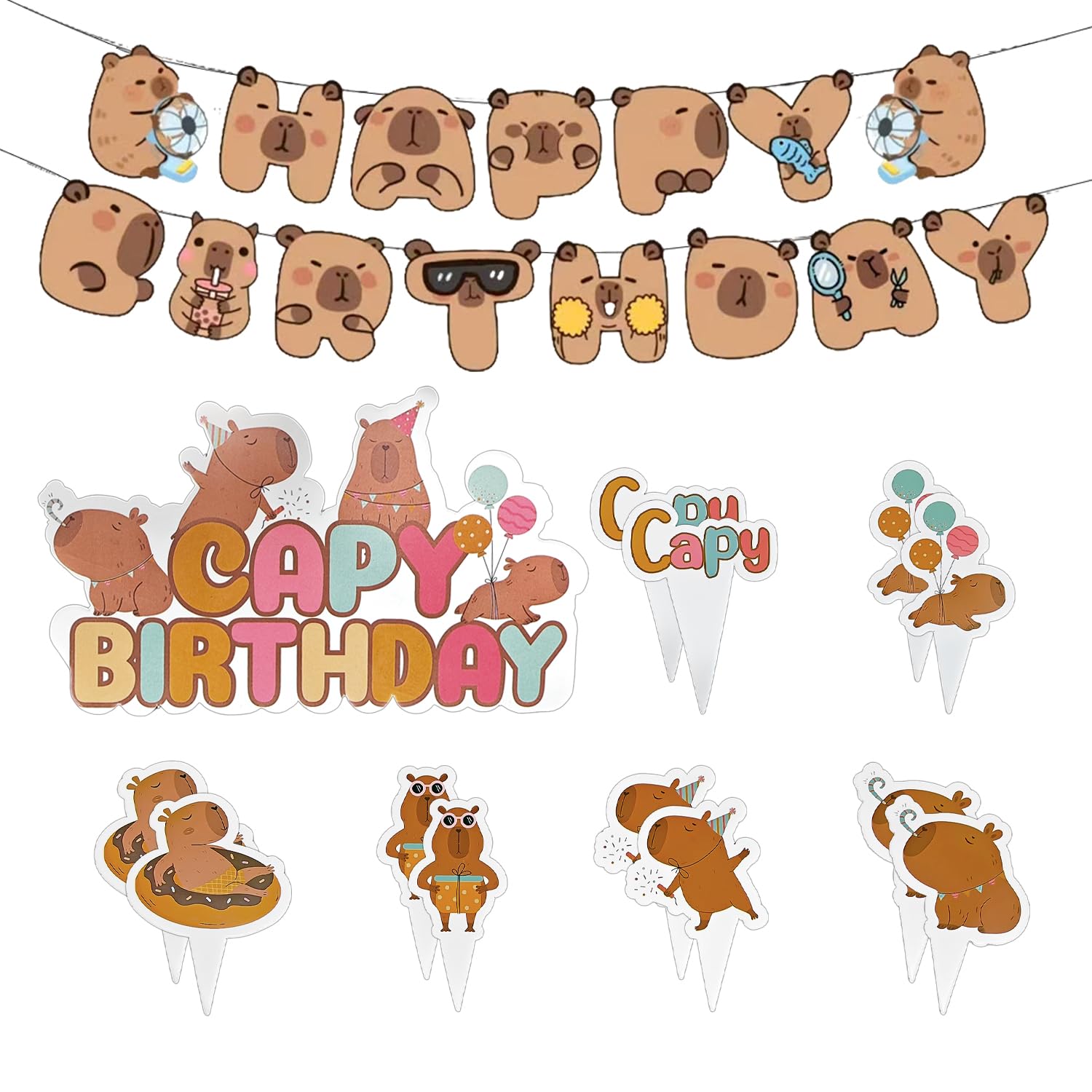 UBSIUH 13 Kapibala Placards And 1 Birthday Flag, Capybara Theme Party Decoration, Desktop Cake Decoration, Birthday Celebration Decoration Supplies.