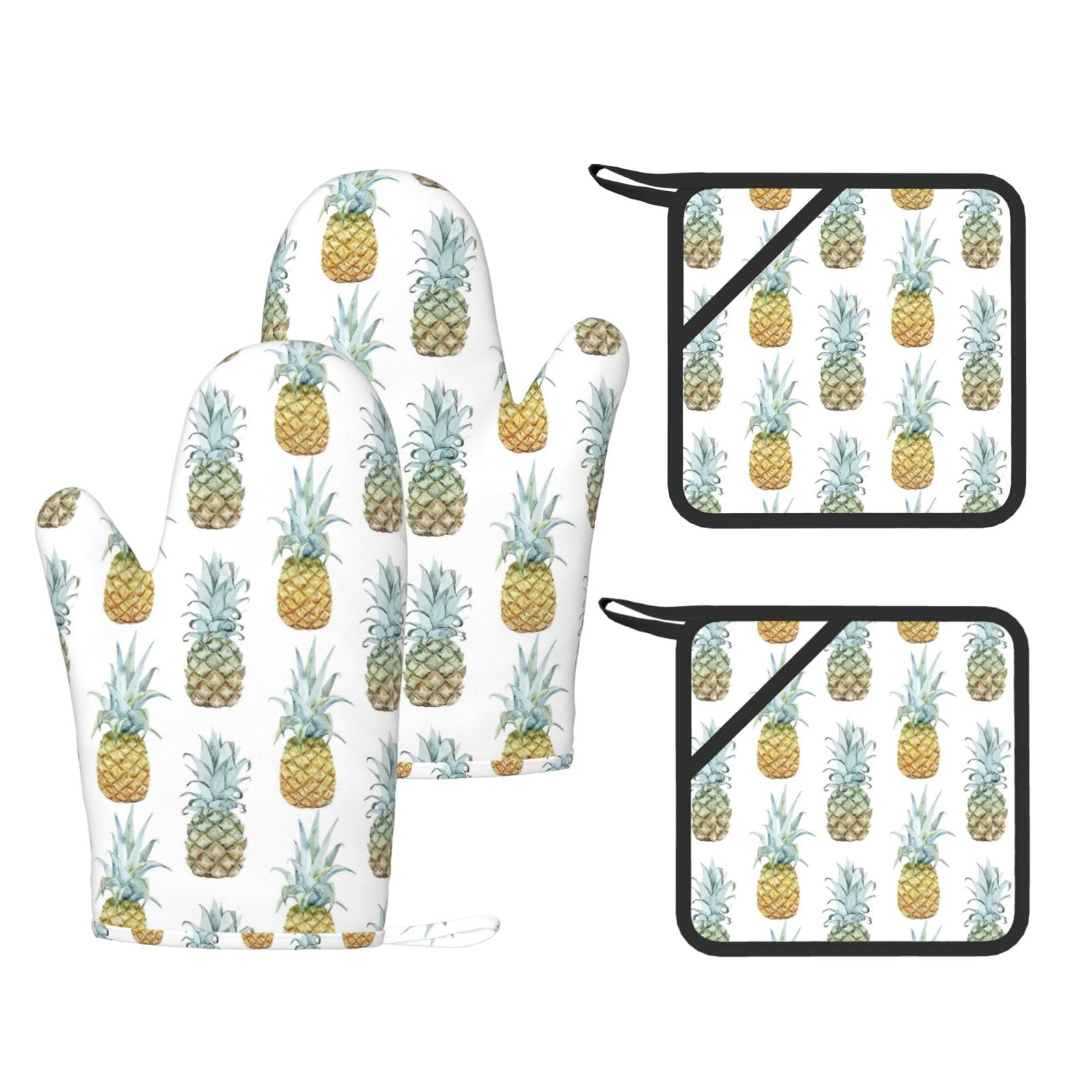 Eeprty Black Fashion Pineapples Printed Kitchen Oven Gloves And Potholder 4 Pcs, Non-Slip Heat Resistant Mitts For Baking Chef