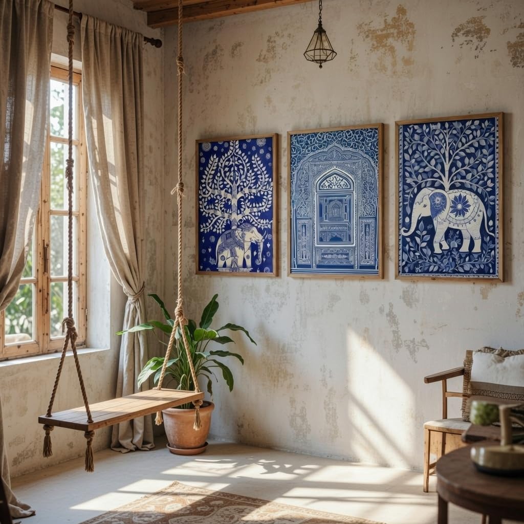 Livin’luxe Set of 3 Blue Indian Heritage Wall Art Premium MDF Wooden Color Framed HD UV Printed Elephant Tree Palace Painting for Living Room Home Decor 11 Inch x 14 Inch-image-13