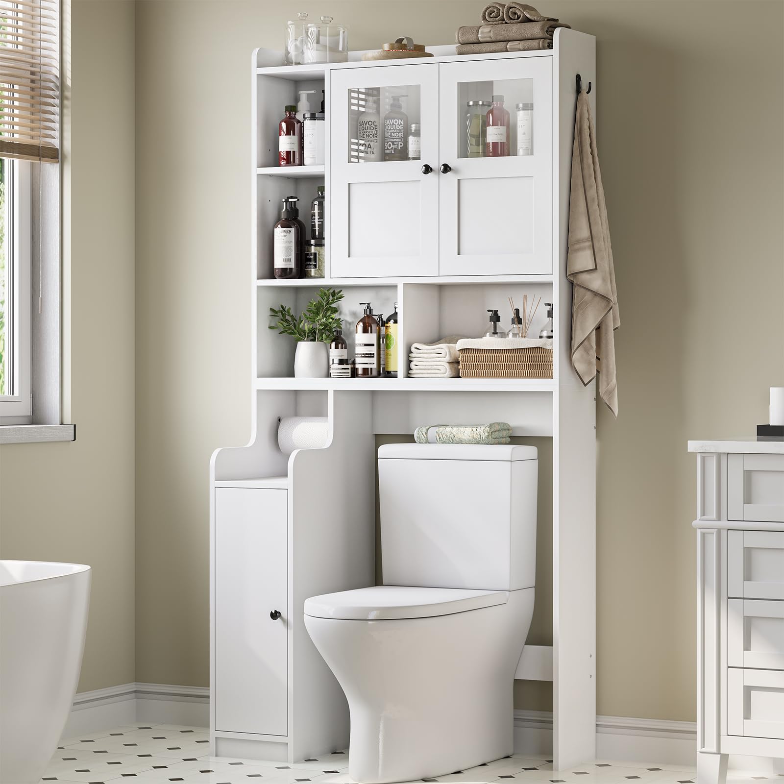 Itaar Over The Toilet Storage Cabinet, Over Toilet Bathroom Organizer with Glass Doors & Toilet Paper Holder Stand, Home Space-Saving Toilet Rack, for