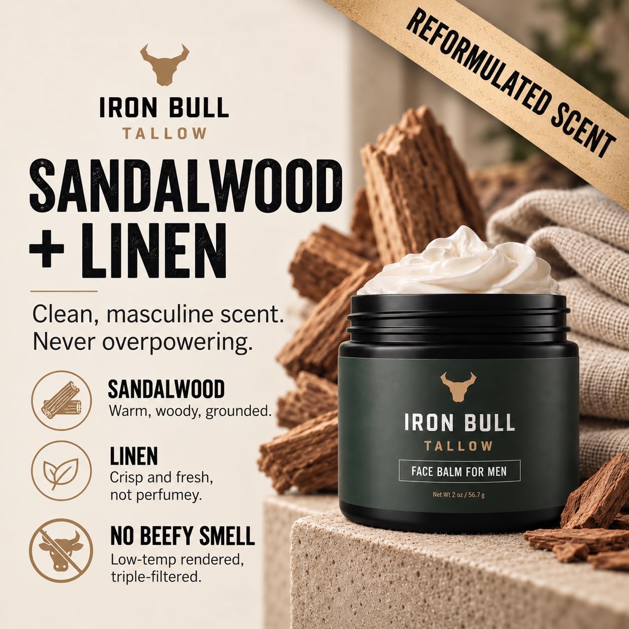 Iron Bull Beef Tallow Face Moisturizer for Men with Hyaluronic Acid, Jojoba Oil, 2 oz