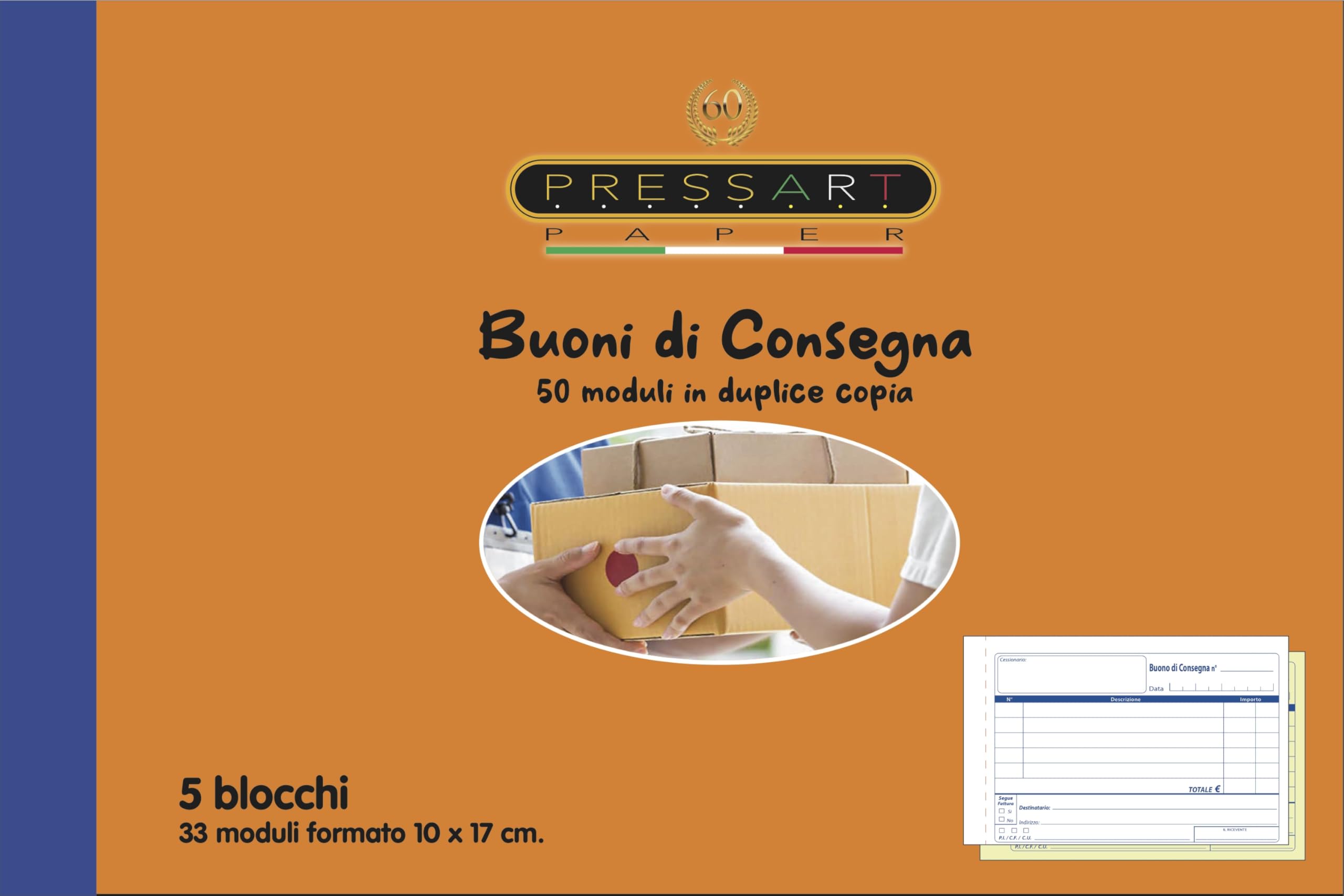 Pressart bc10175 - Buoni di consegna duplice copia 5 blocchi da 50 x 2 - formato 10 x 17 - prima copia carta bianca seconda gialla - gr. 60