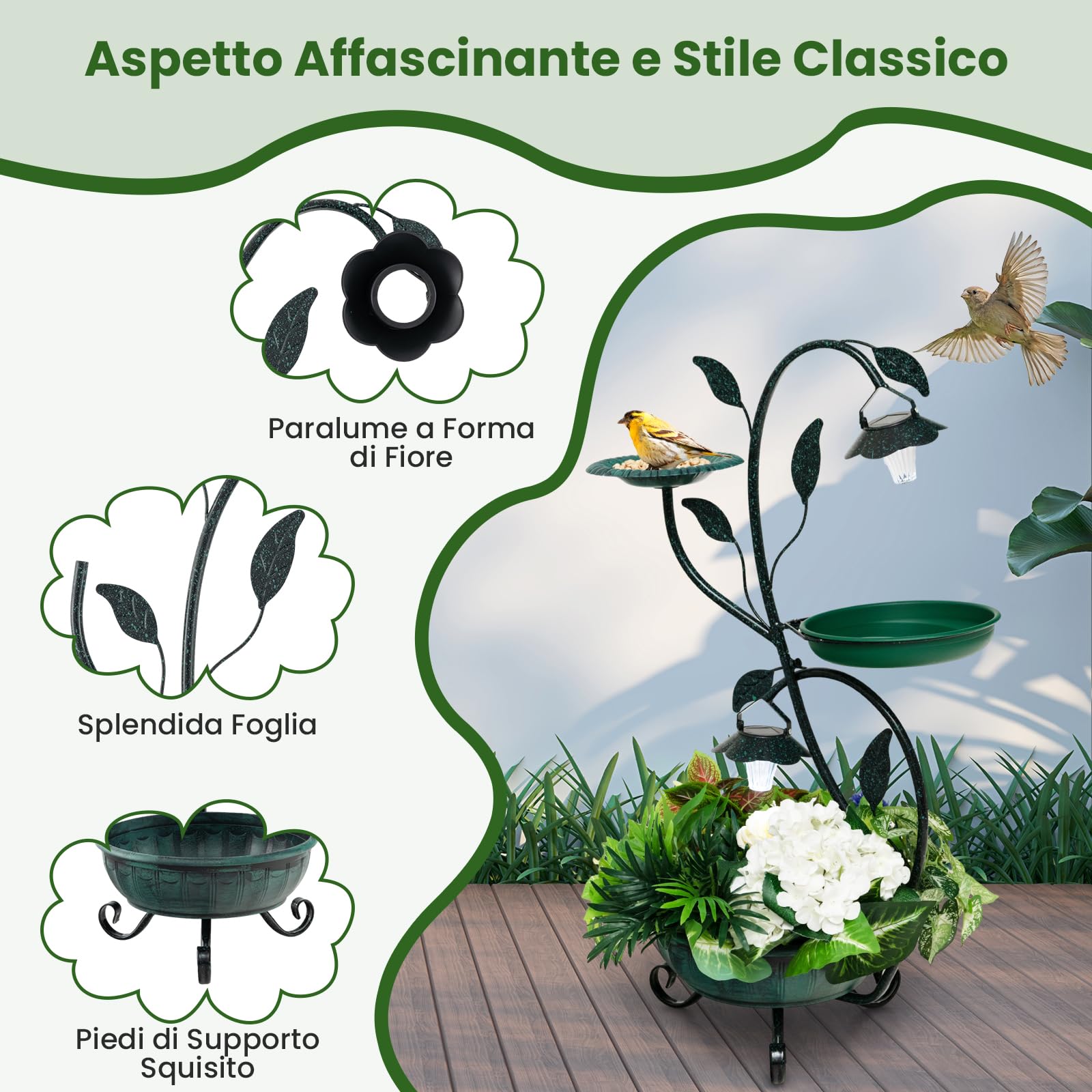 GYMAX 83 CM Fontana per Uccelli con 2 Luci LED Solari, Mangiatoia per Uccelli Vintage con Base per Fioriera, Telaio Metallico Robusto, Fontana Ornamentale per Giardino