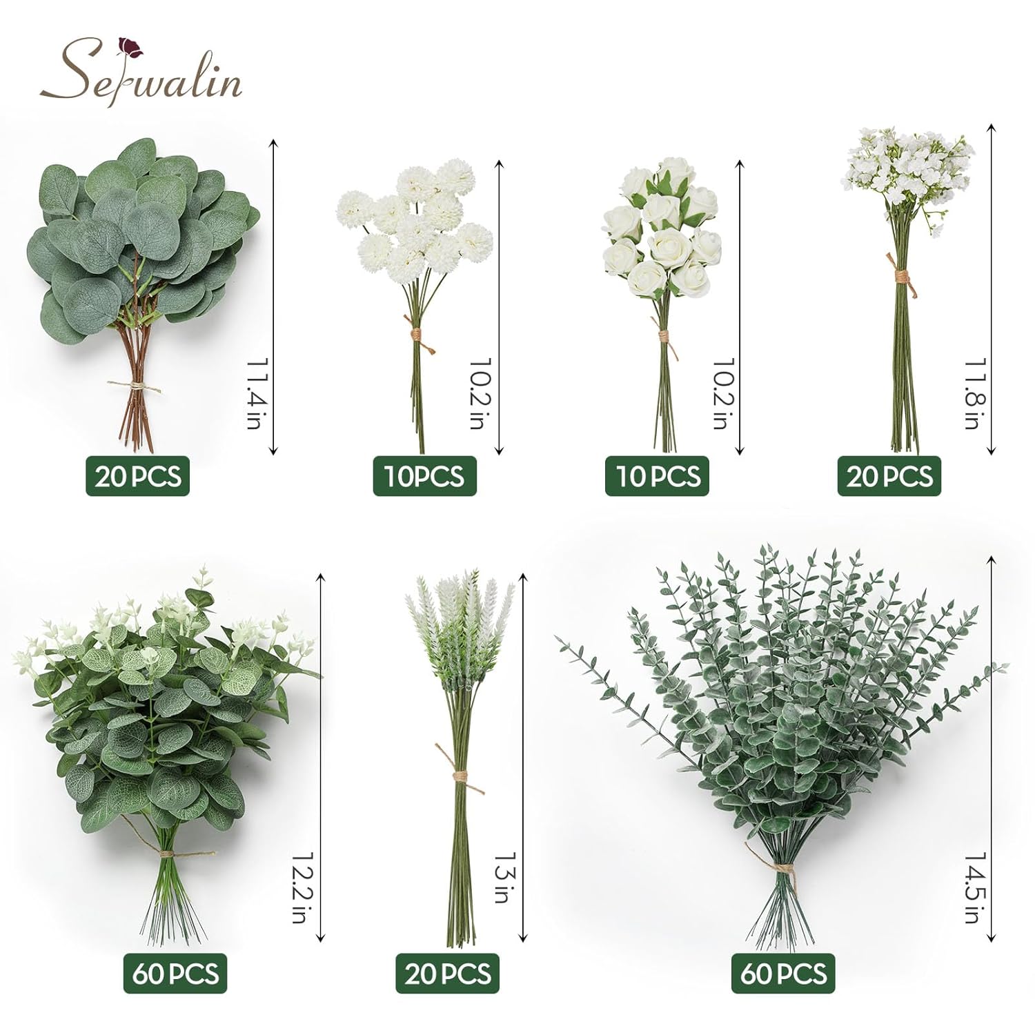 Serwalin 200 Pcs 7 Kinds Mixed Artificial Eucalyptus Leaves Stems Bulk Faux Silver Dollar Eucalyptus Leaves Real Touch Greenery Branches for Wedding Floral Arrangement Table Centerpieces Home Decor
