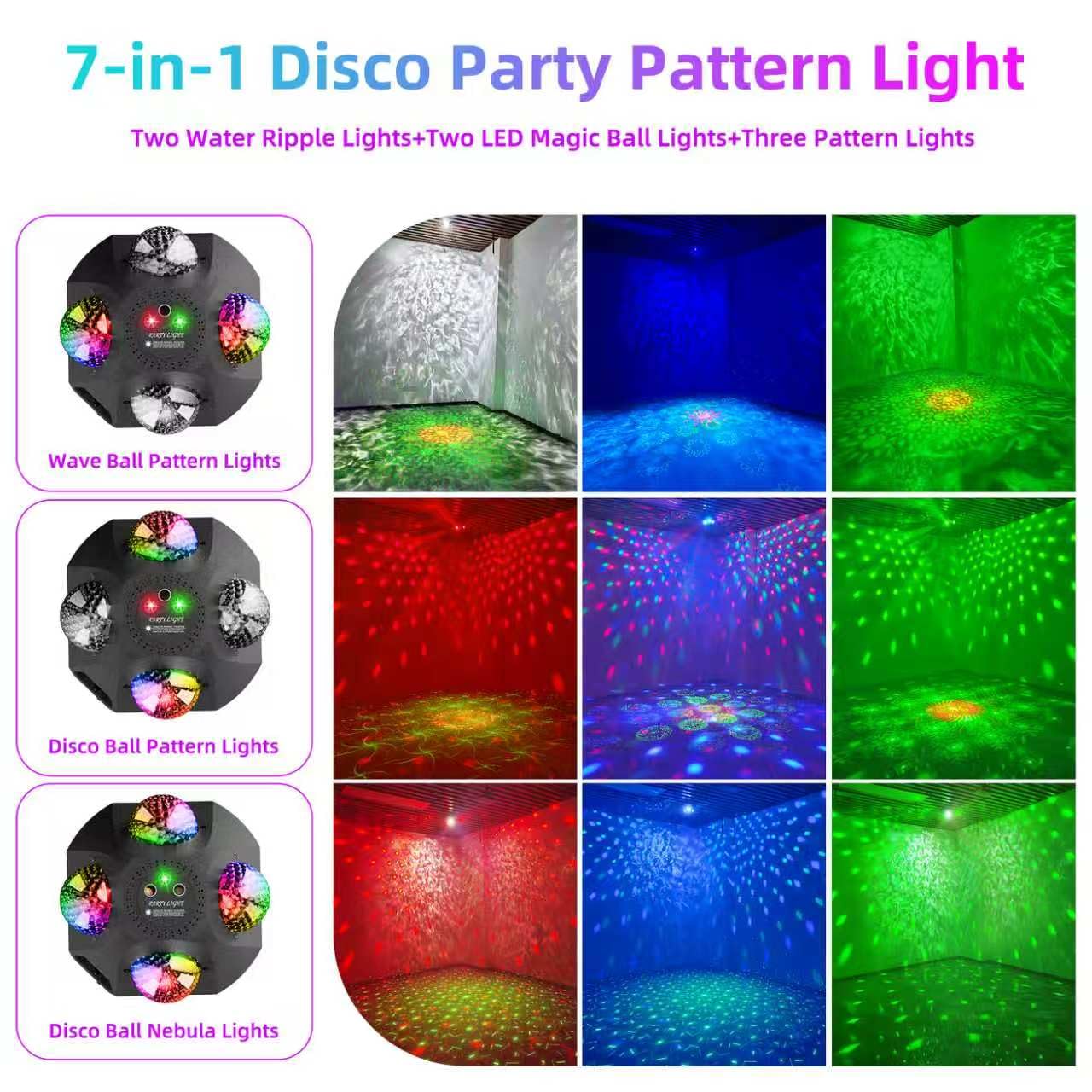 7 in 1 Discokugel RGBW Wasserwelleneffekt und Rot-Grün Muster | RGBW, Fernbedienung, Musikgesteuert, Stroboskop und Automatik, USB-C, Discolicht Partylicht für Party