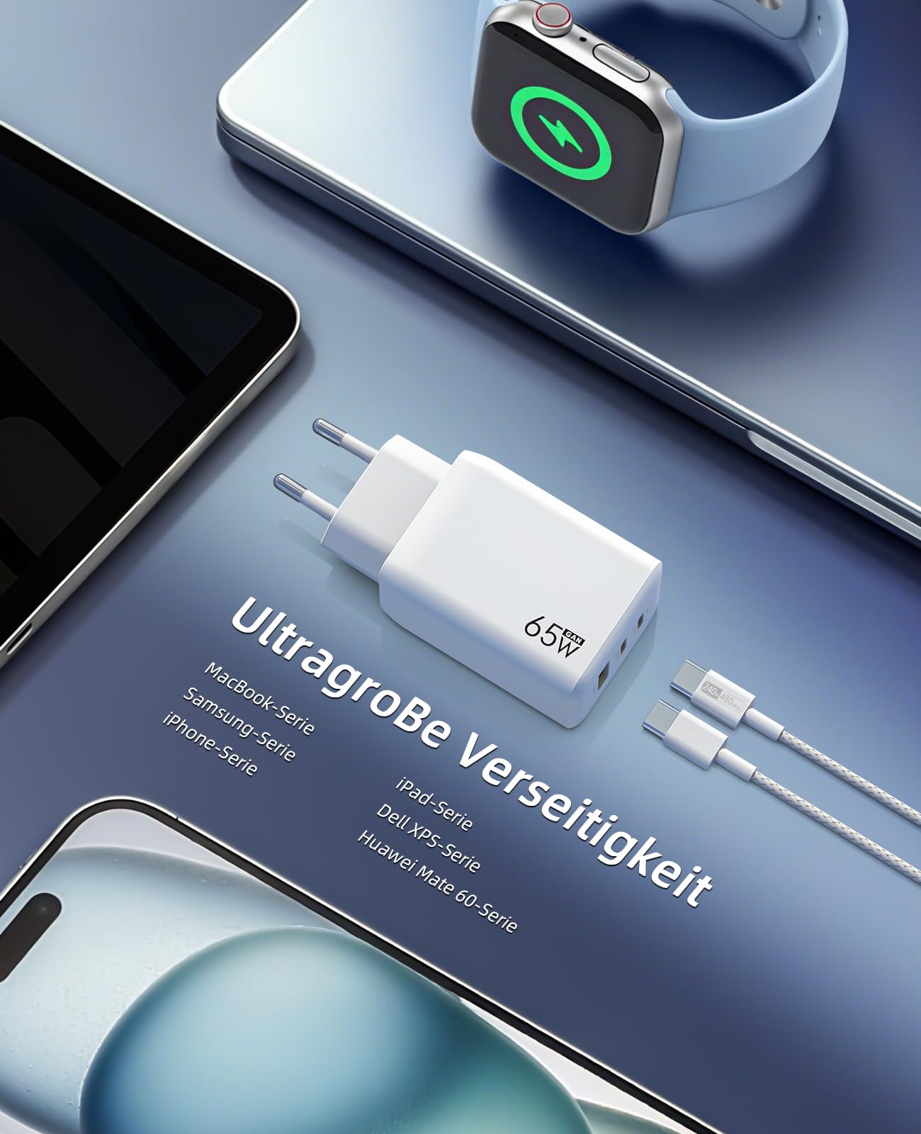 Ładowarka USB C 65 W, 3-portowa, ładowarka PD 60 W, szybkie ładowanie PPS, kompatybilna z iPhone 17/16/15, Samsung Galaxy S25/S24 Ultra, MacBook Pro/Air, iPad, Google Pixel 10/9 itd.