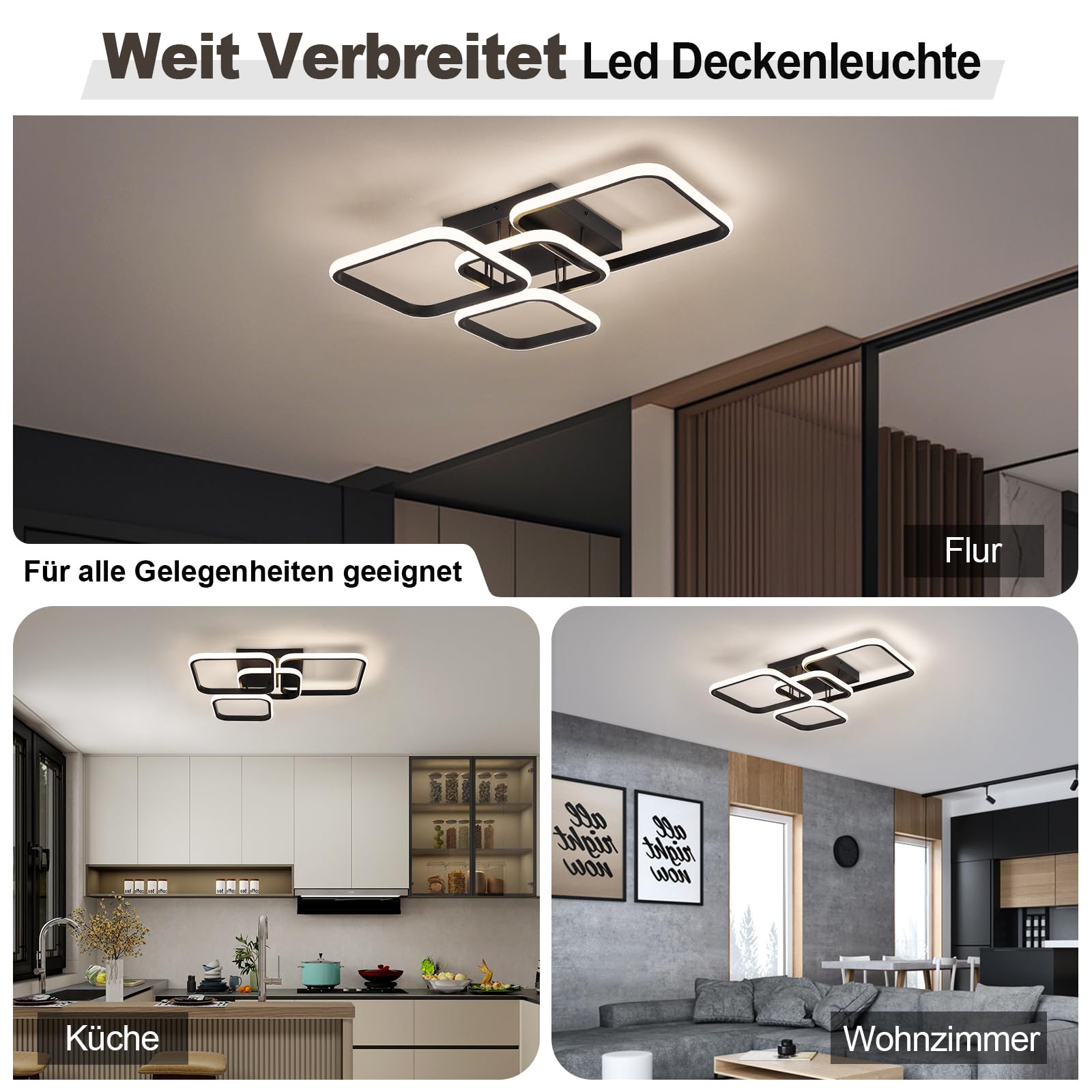 Moderne LED Deckenleuchte, 60W 57CM Wohnzimmerlampe Schwarze Deckenlampe | 4000k LED Lampe für Wohnzimmer Schlafzimmer Esszimmer Flur Küche