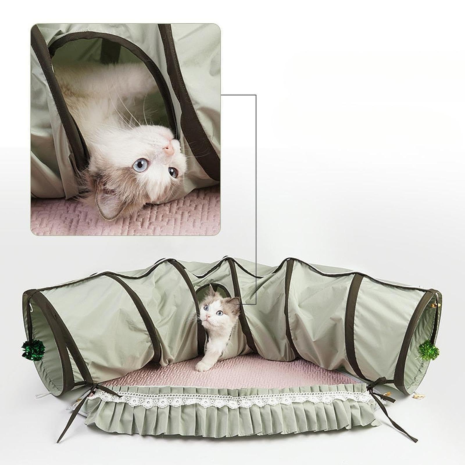 Tunnel Interactif 2 en 1 pour Chat, Cabane et Cachette, Jouet pour Chatons, Chats D'intérieur, Lapins et, Vert