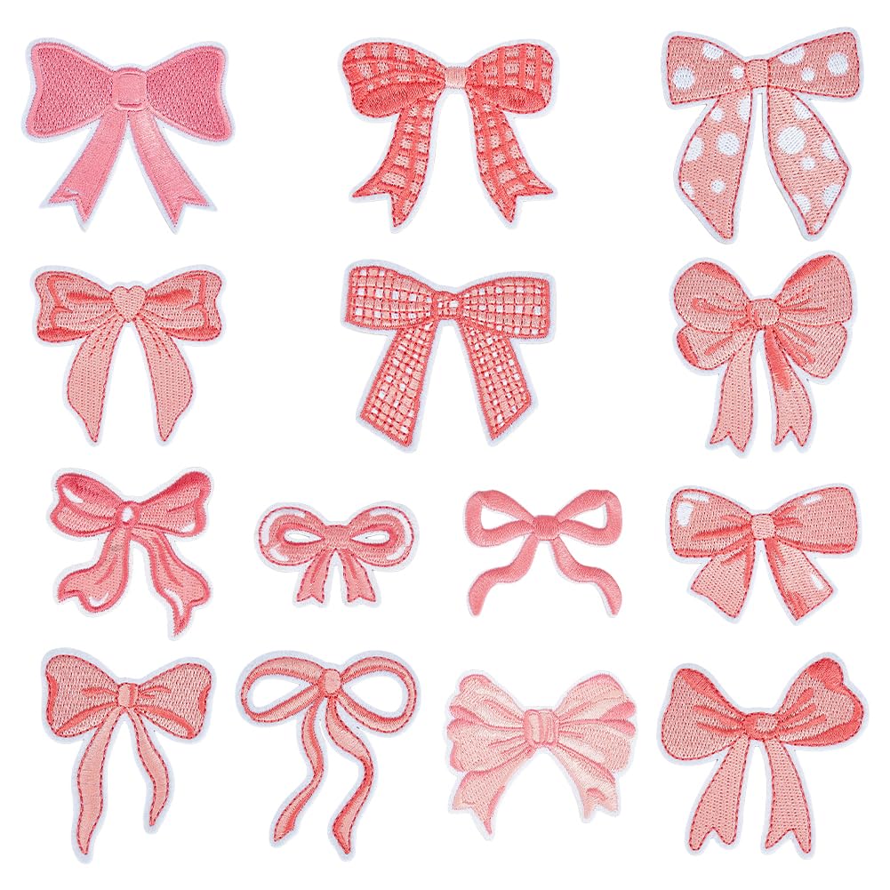 BENECREAT 14Pcs 14 Styles Bowknot Embroidery Patches, Pink Sew on/Iron on Patch Applique for Wedding Bride Dress, Repairing and Decorating