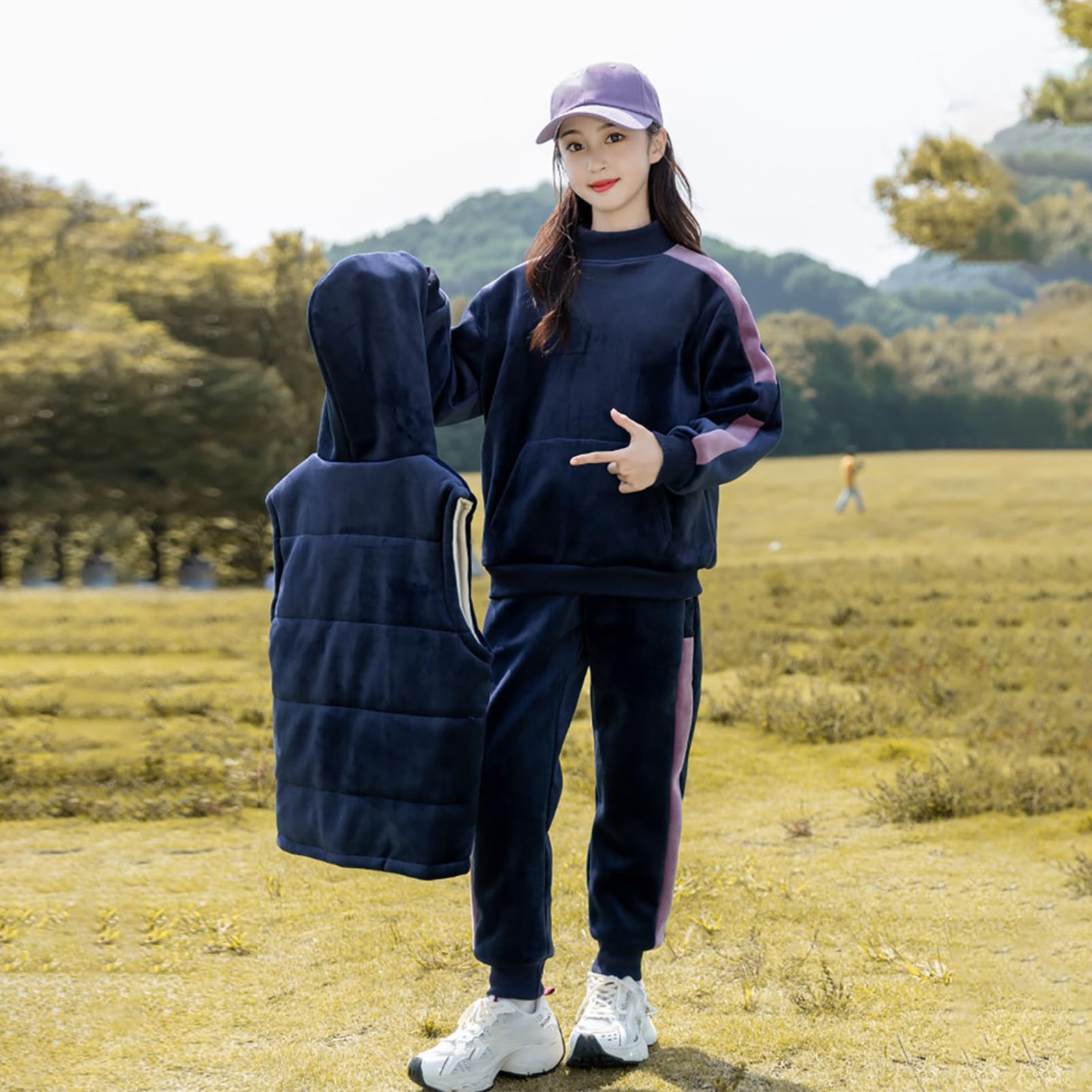 amropi Niña Chándales Sudadera con Capucha y Chaleco y Pantalones 3 Piezas Conjunto de Ropa para 3-13 años