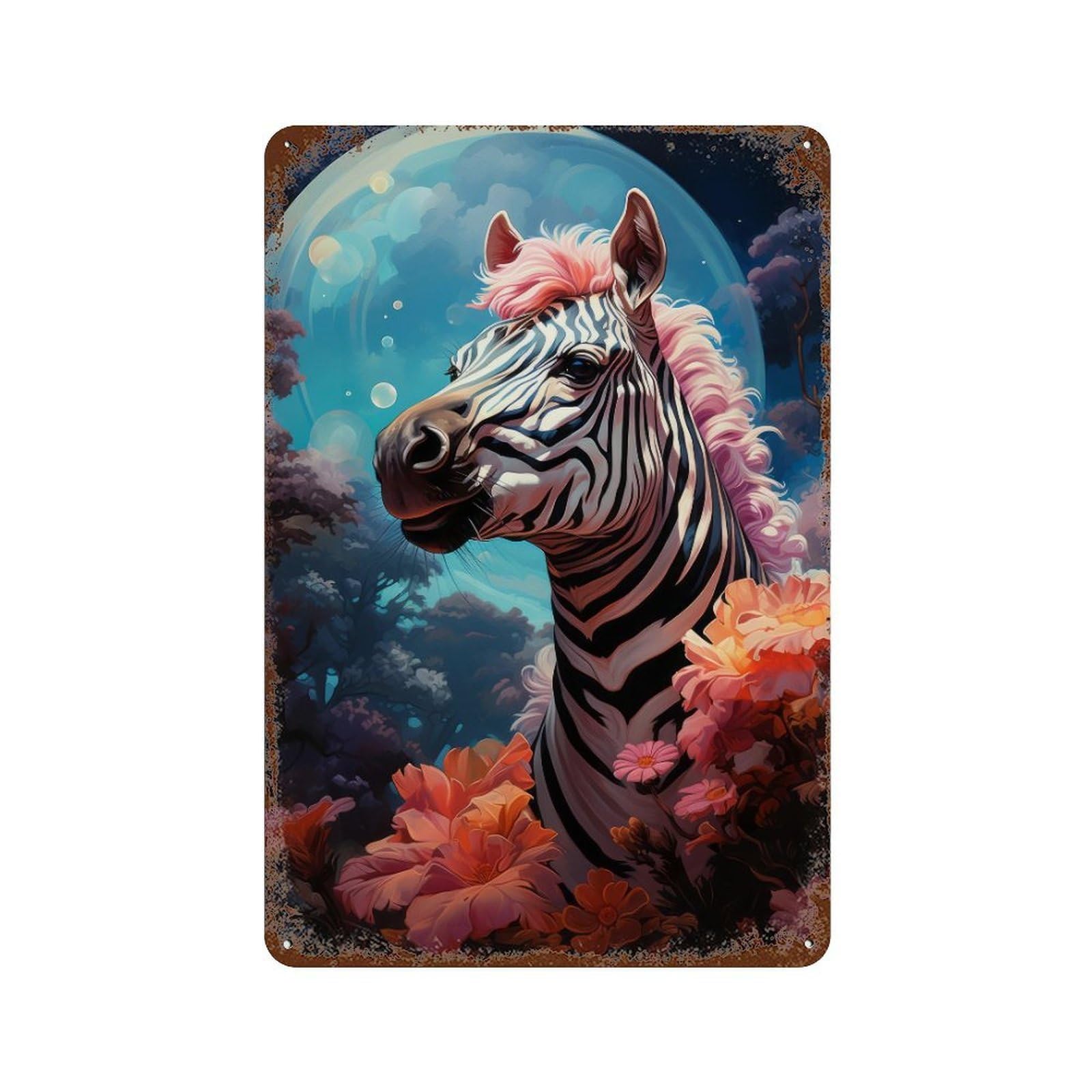 Rust Effect Magical Zebra in Fantasy Forest Rustic Tin Plaque 11.8"x7.9", Classic Wall Plaque for Shed, Workshop And Garage Wall Decor