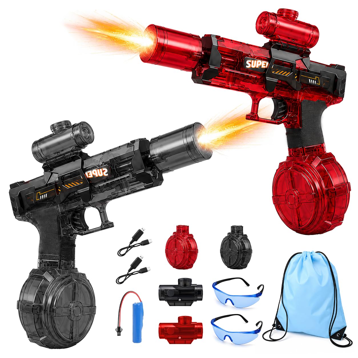 2Pack Electric Water Gun, Automatic Water Blaster with LED Muzzle Flash, Long Range Motorized Water Pistol, Rechargeable Battery, Large 500ml Tank, for Adults Outdoor Pool Beach (2 Glasses & Bag)