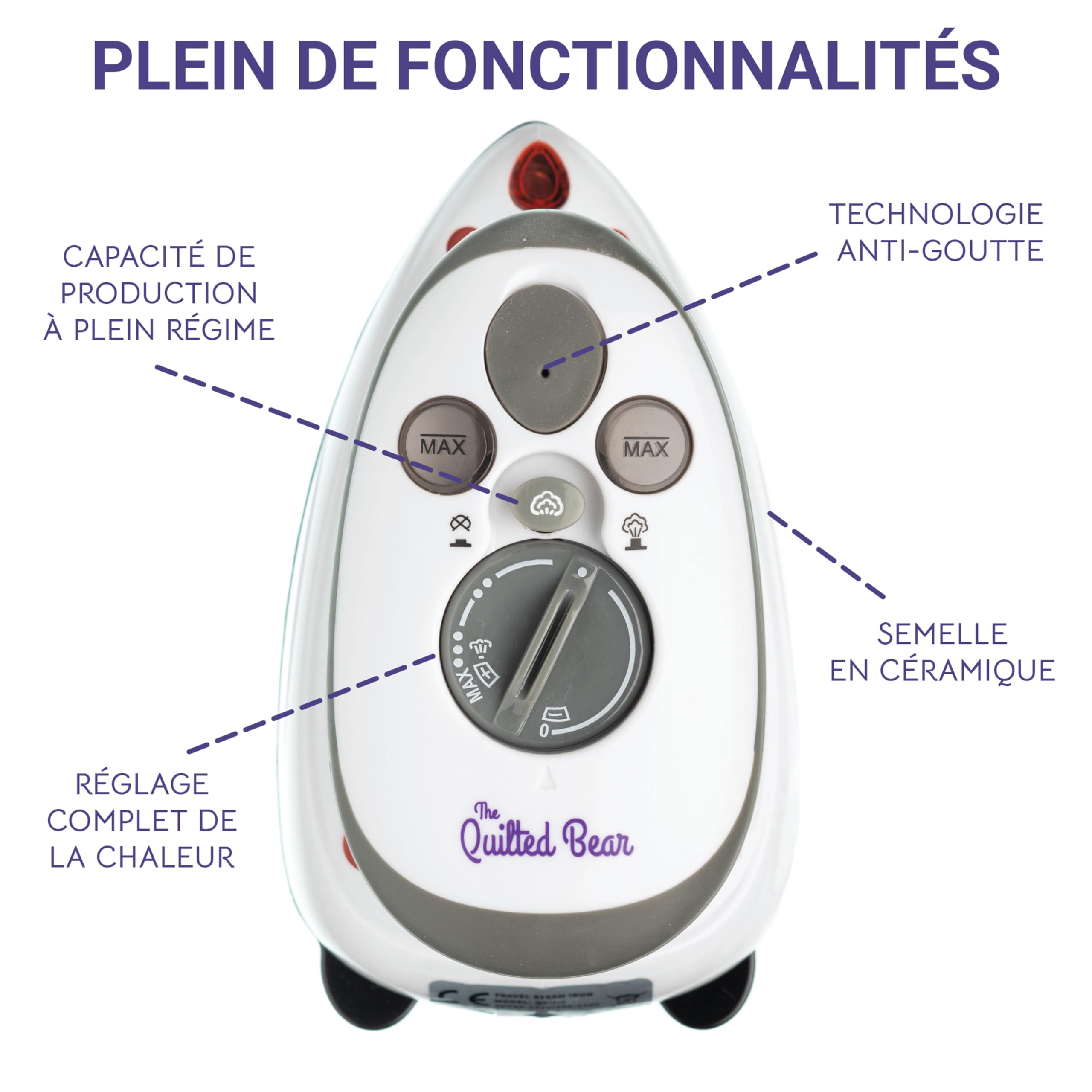The Quilted Bear Mini Fer à Repasser - Fer a Repasser Voyage avec Céramique Vapeur & Thermostat - Petit Defroisseur Vapeur Voyage Pour la Couture, Artisanat ou Transfer (Boîtier Noir)