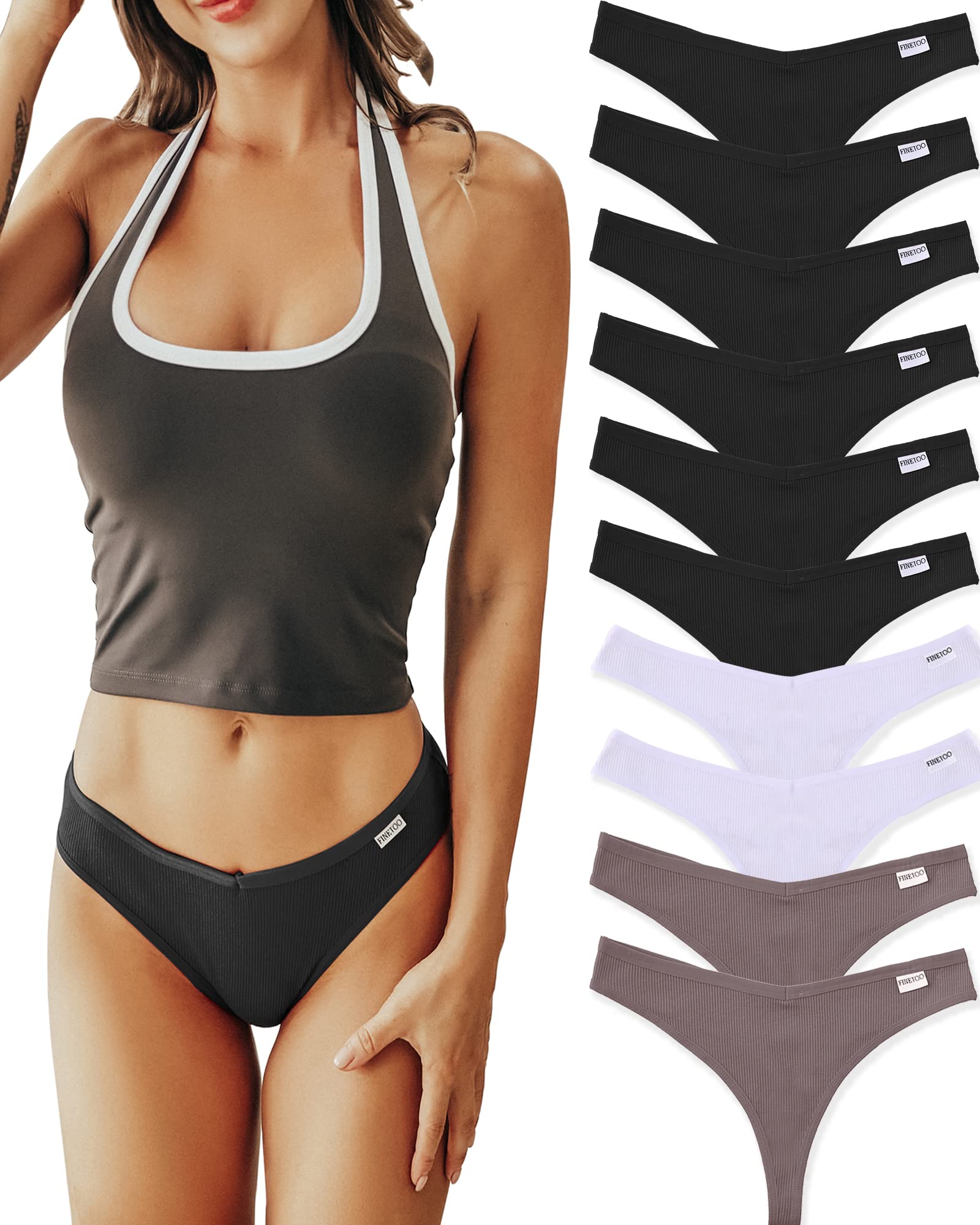 FINETOO 10er Damen Baumwoll Strings Set Tanga Unterhosen Frauen Weich Unterwäsche Niedrige Taille Slips Atmungsaktive Pants S-XL
