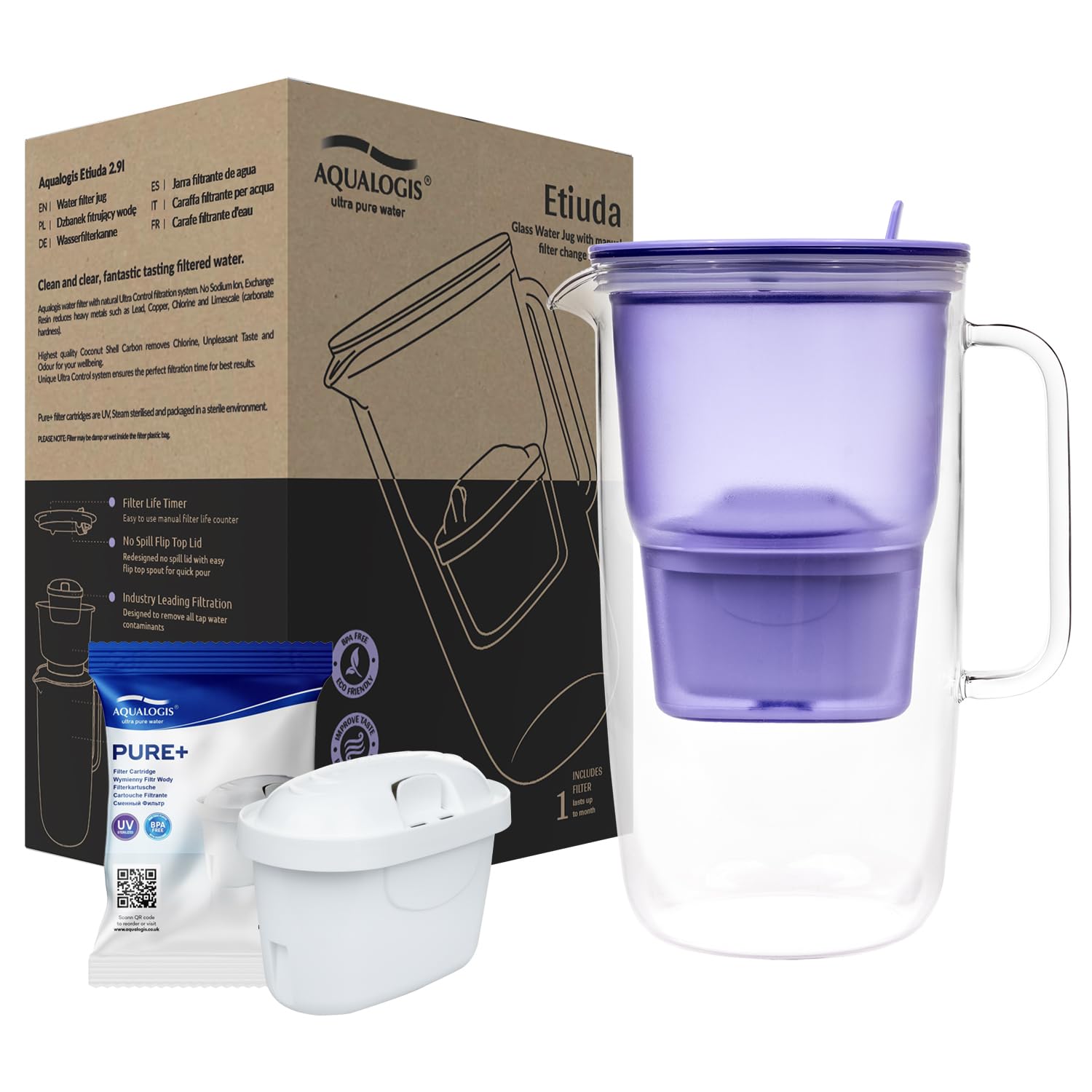 Aqualogis Etiuda de 2,9 l | Jarra de cristal de alta calidad con filtro de agua | con 1 cartucho Pure + | Lavanda | Reduce los olores y el sabor