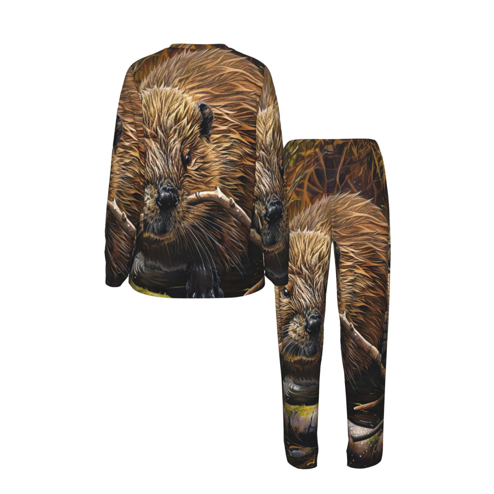 Beaver - Pigiama da donna a maniche lunghe con stampa di lavoro, morbido, per spiaggia, vacanze, abbigliamento da notte, regalo casual