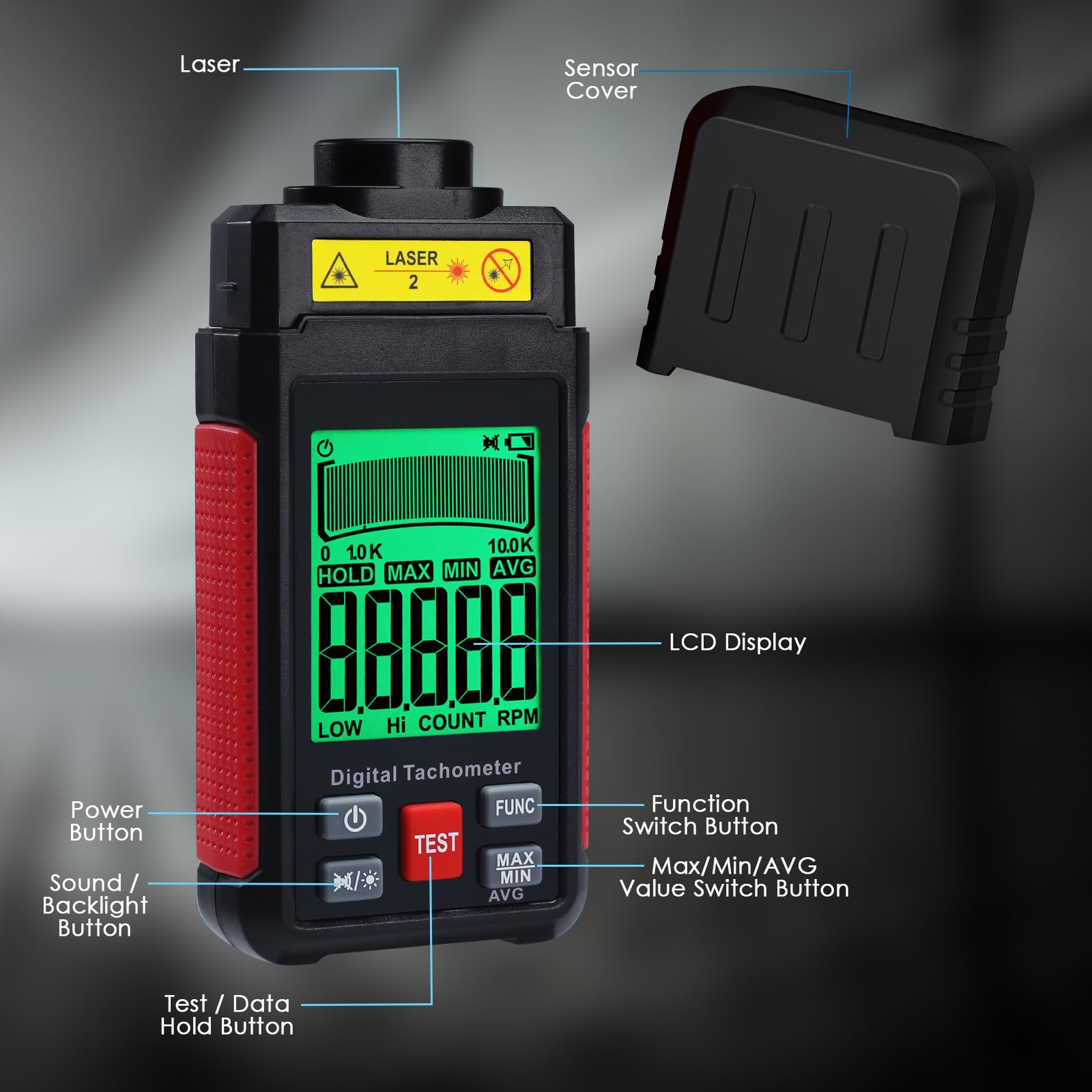 Tachimetro laser contactless RPM 10-99999 giri/min, alta precisione con nastro riflettente, retroilluminazione LCD e max/min/media, funzione di supporto dati, sensore di rotazione per gebra domestica