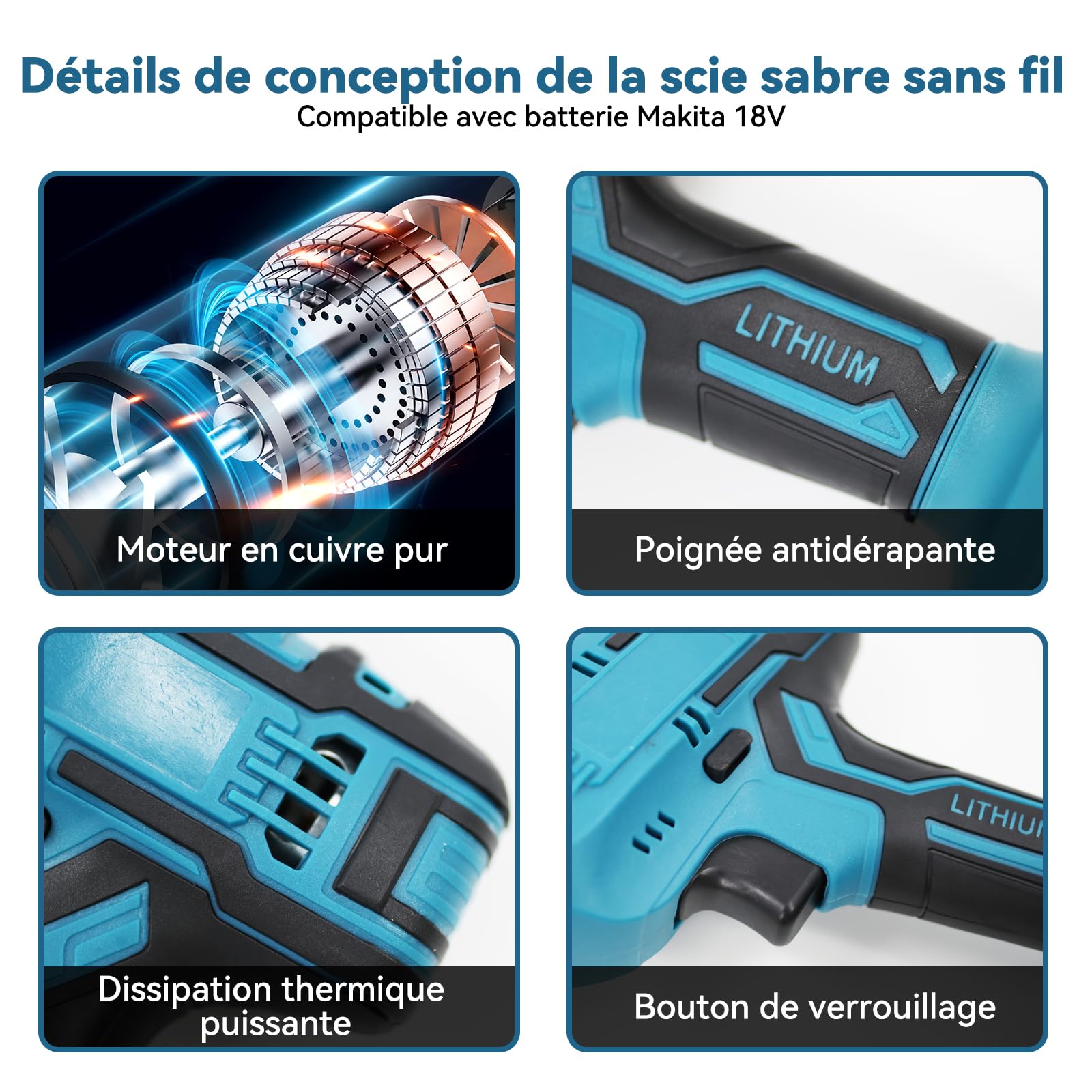 Scie alternative électrique sans fil avec 4 lames – Compatible avec batterie Makita 18 V – Pour bois et métal – Sans batterie ni chargeur