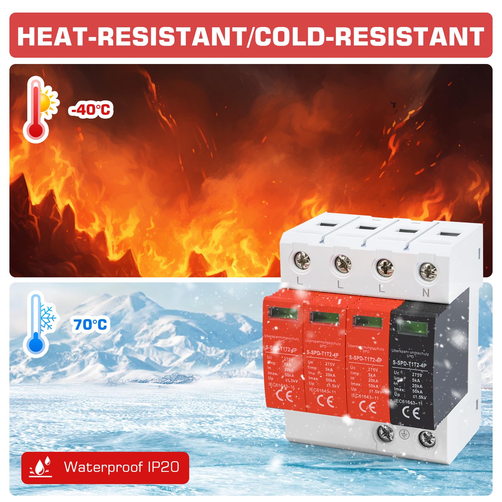 Parafoudre Type 1+2 (B+C) 4 Pôles 50 kA Protection Surtensions Photovoltaïque