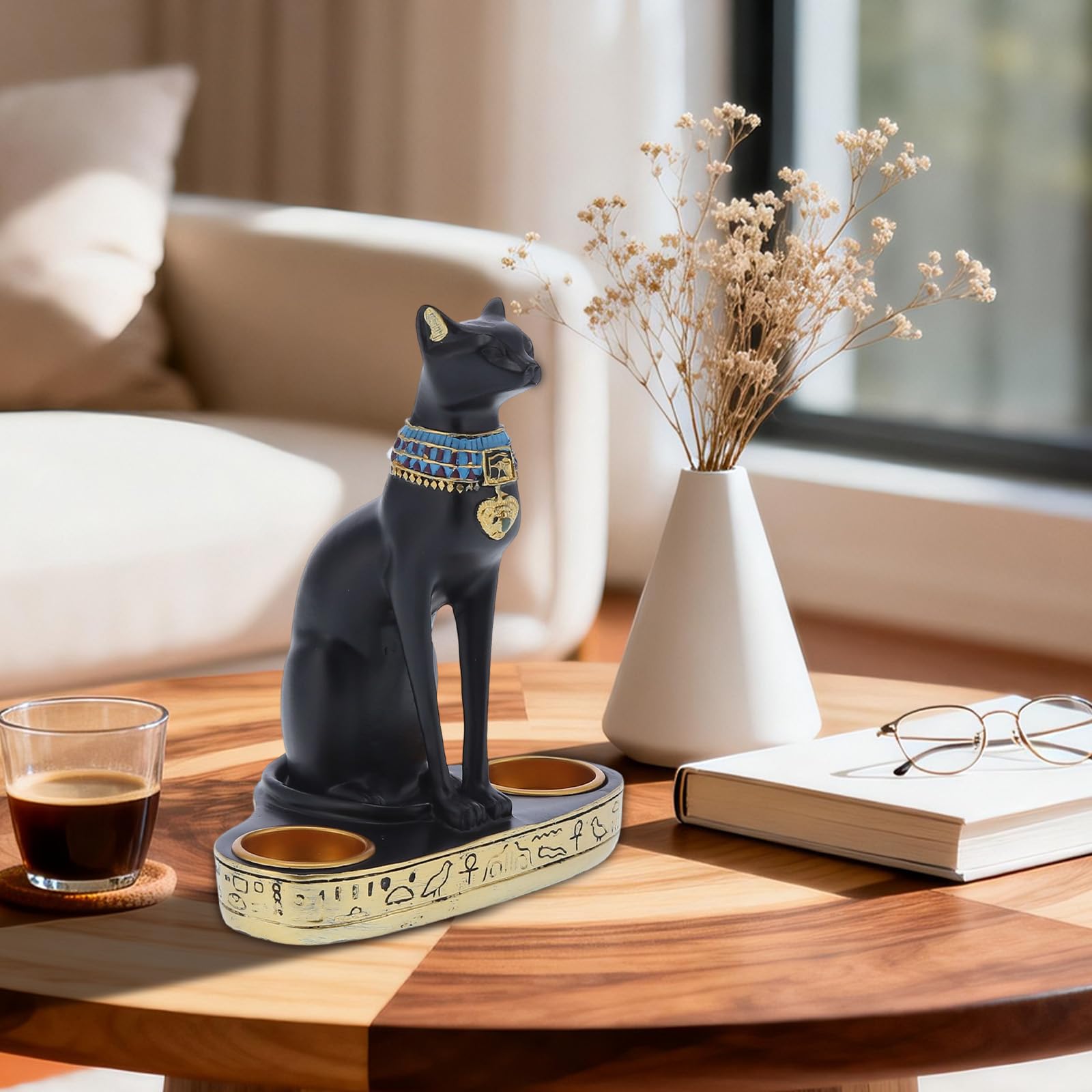 Estatua de la Diosa del Gato Egipcio Bastet, 7.9 Pulgadas de Resina del Antiguo Egipto, Diosa del Gato Bastet, Figura Coleccionable, Portavelas para Decoración de Escritorio | Resina sintética, sostenedor de velas de estatuilla de Egipto