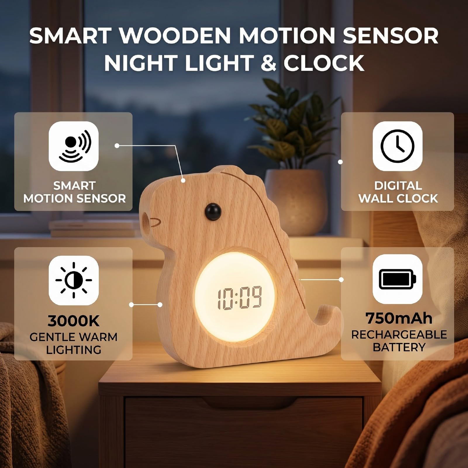 Luocute Luce Notturna con Sensore di Movimento in Legno, LED Bianco Caldo 3000K con Portata di Rilevamento di 3 Metri Ritardo di 15 Secondi per Camera da Letto Corridoio Camera dei Bambini