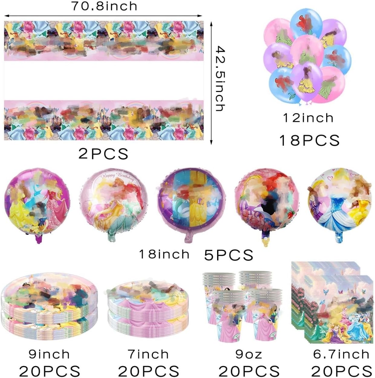 Princess Party Supplies Decorations Set, Princess Disposable Tableware Kit with Plates, Napkins, Cups, Tablecloth, Banner, Balloons, Cake Cupcake Toppers, Hanging Swirls