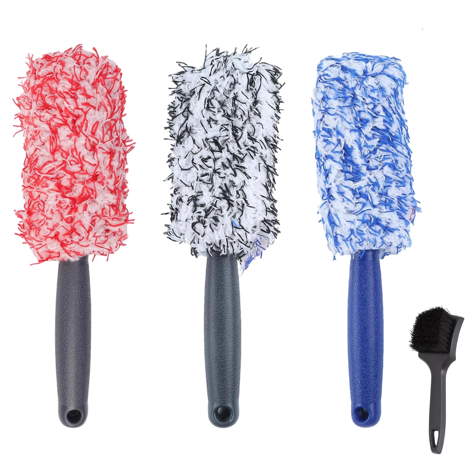 Xinsenke Felgenbürste Alufelgen 3 Stück + Reifenbürste, Auto Felgenreiniger Bürste Mikrofaser, Schonend für Alle Felgentypen, Ergonomischer Griff, Rot Blau Grau