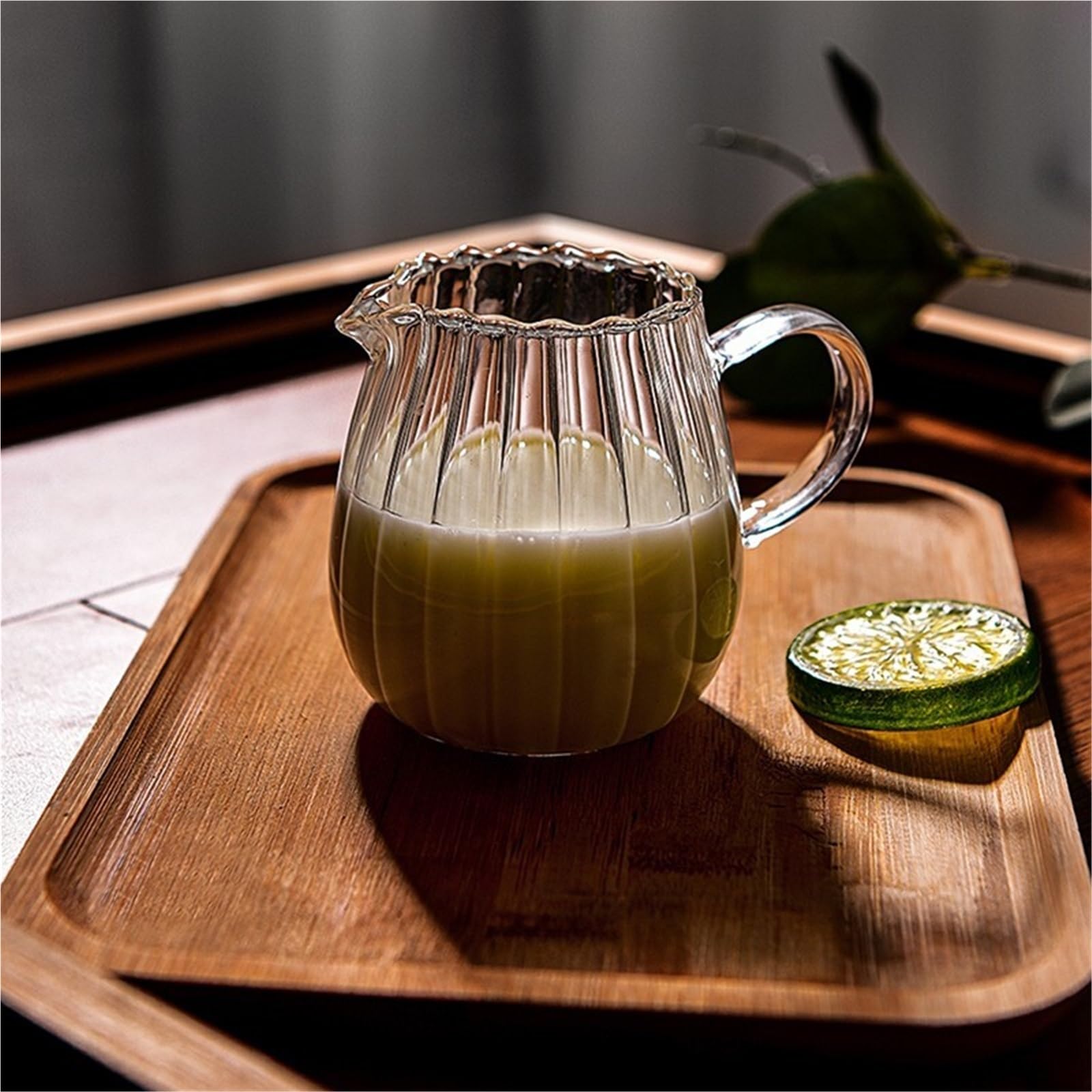 Jarra de leche vidrio a rayas, separador café, té la, jarra espuma transparente con mango, 2 uds Para Espumar(11.5 * 8.8cm)