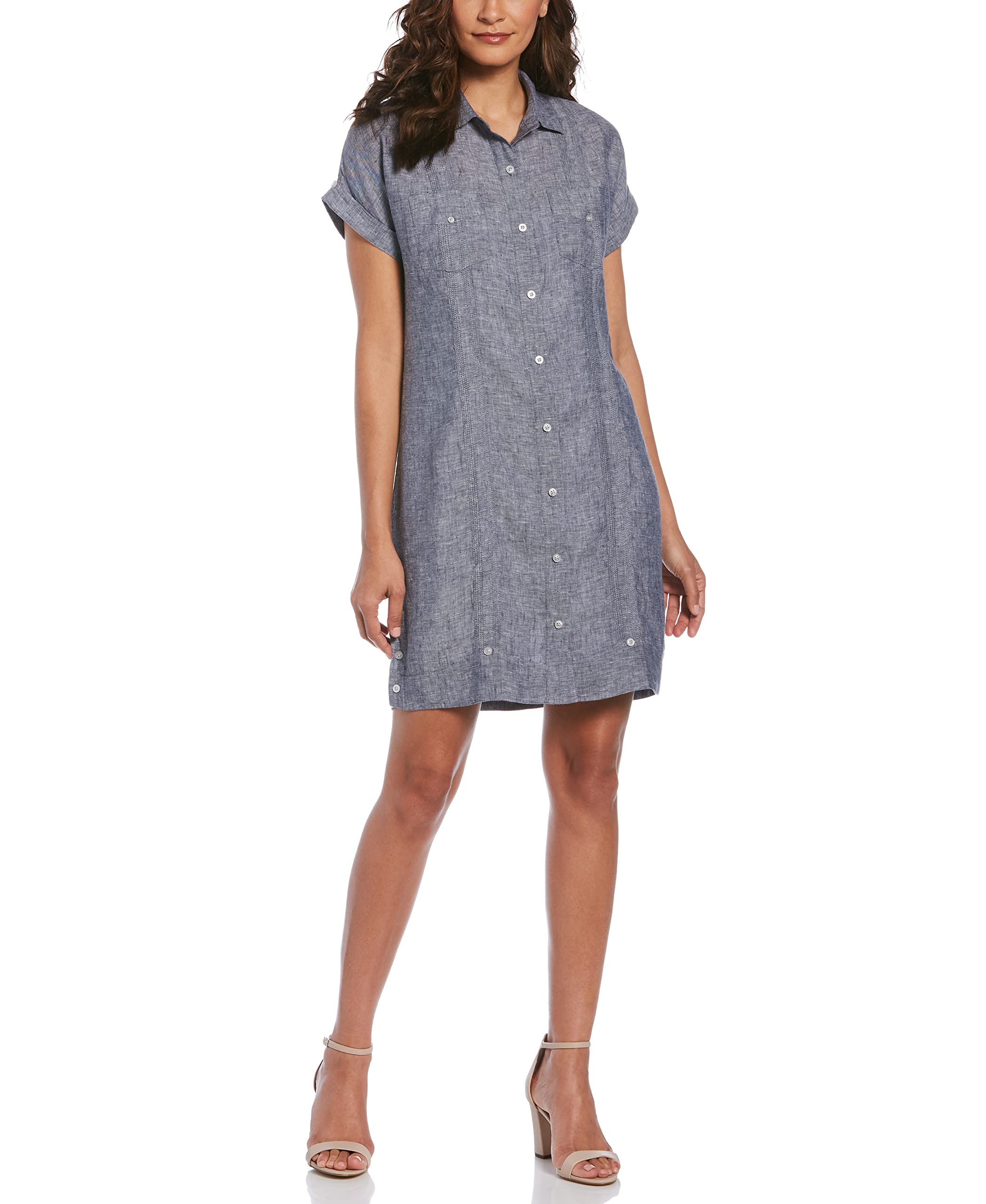 knee length dresses for ladies Ladies 100% Soft Linen Traditional (4) Pocket Guayabera Dress in (5) C –  Casual Tropical Wear main image 0