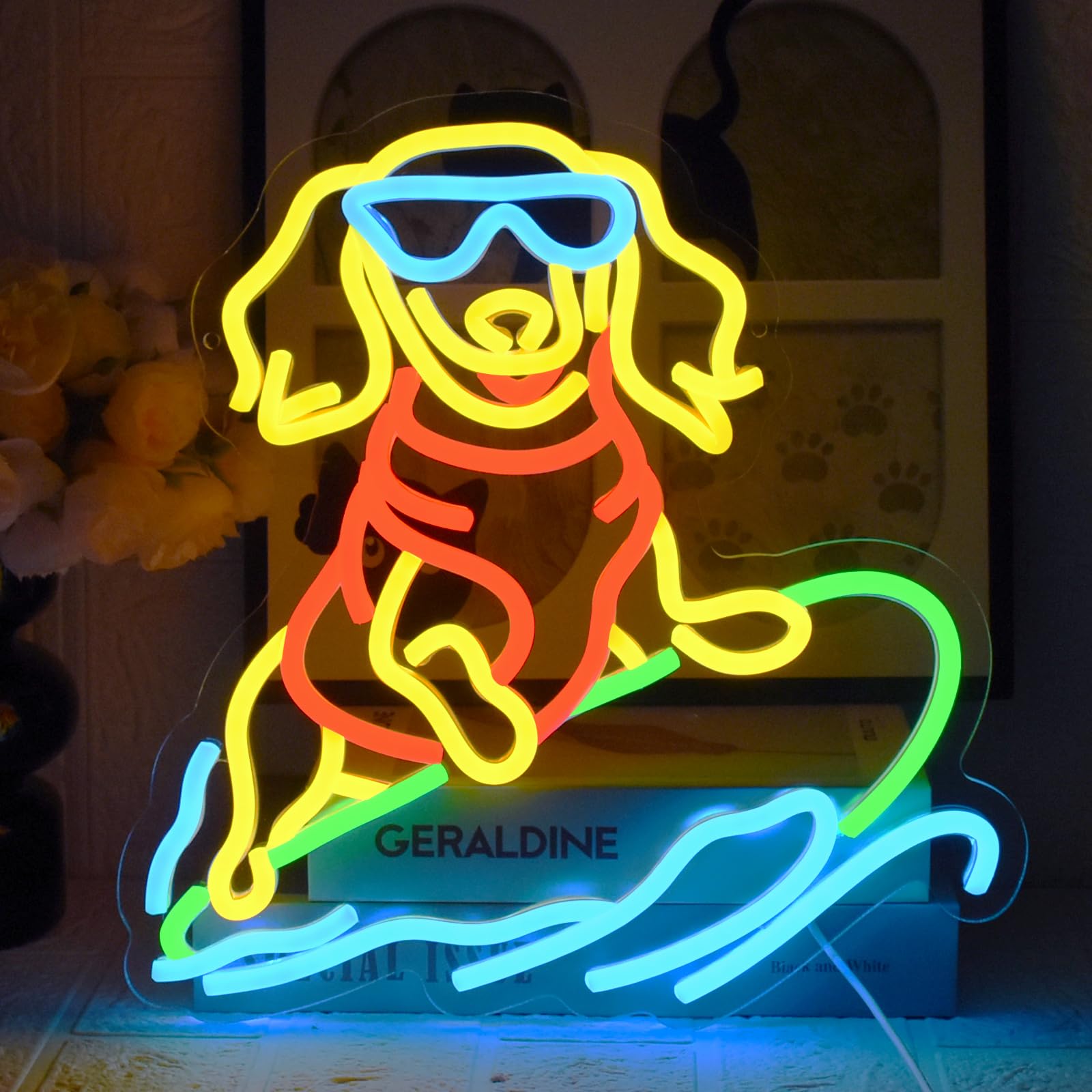 UExnkj-Y Skateboard Dog Neon Sign Dachshund Neon Sign Surfing Dog Neon Sign USB Dimmable Neon Lights for Beach, Surf Shop, Small Bar, Bedroom, Party Decoration