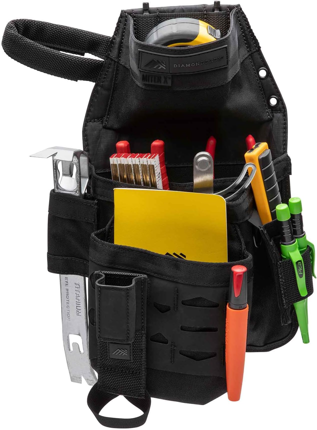 The Diamondback Miter X Pouch - Durable & Lightweight Carpenter Tool Belt Pouch - Tool Belt Accessory Includes 3 Pockets, 10 Slots & 2 Attachment Systems (16", 10.5", 5")