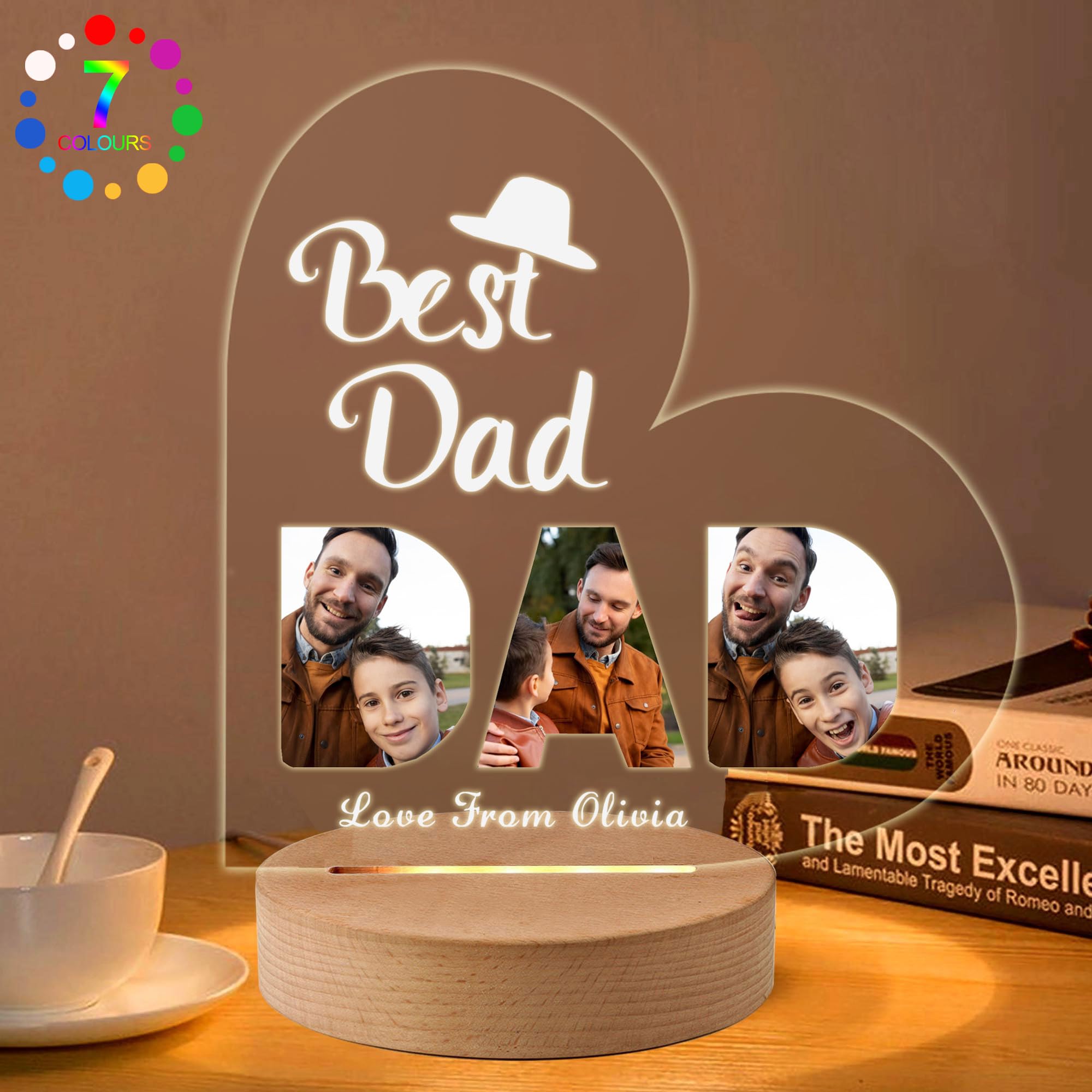 EDSG Personalised Gifts for Dad Men Custom Fathers Day Christmas Night Light Gifts with Any Photo & Name Acrylic Picture Frames Lamp Presents for Dad Daddy Father Grandpa from Daughter (Design 1)