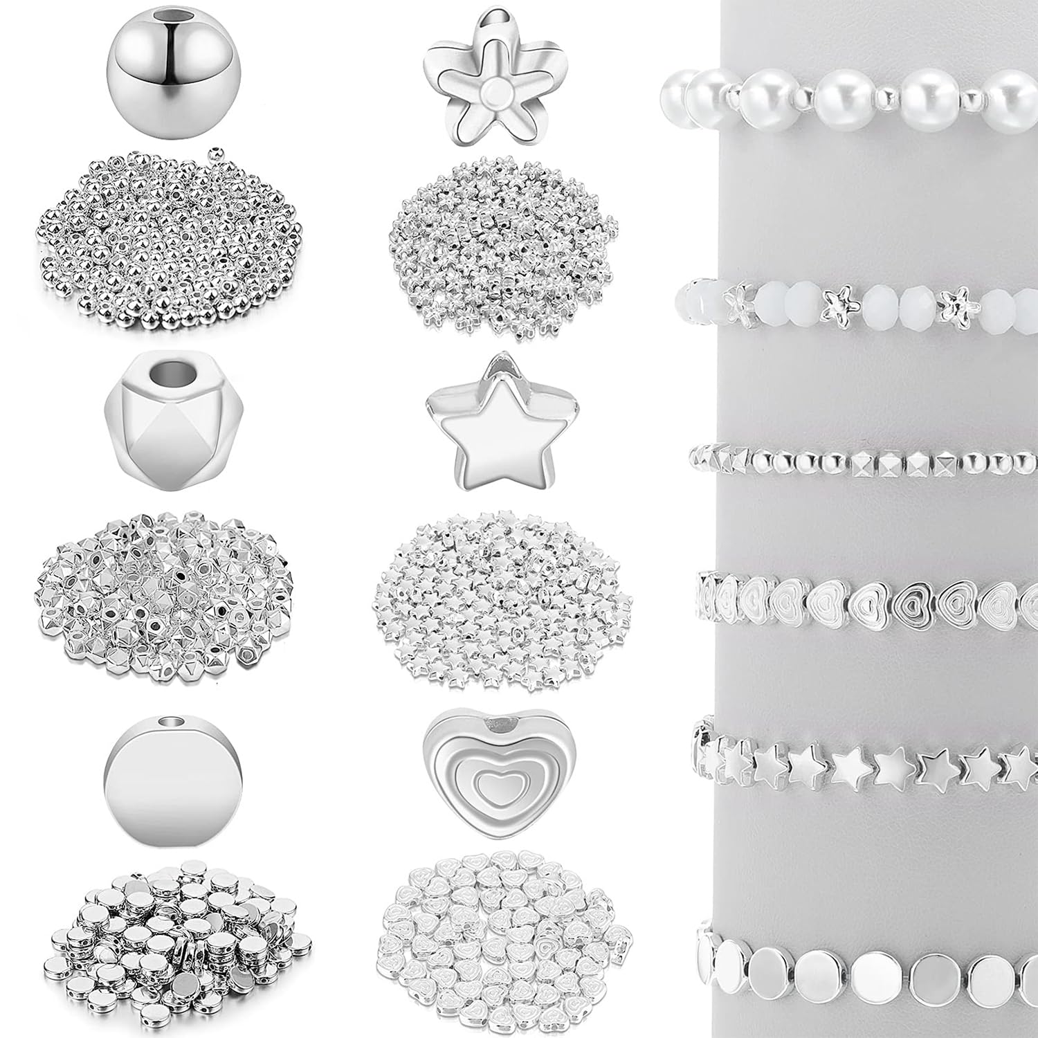 X Spring Spacer Bead Set, 1200pcs Star Round Ball Faceted Heart Flower Loose Beads for Bracelet Earring Necklace Jewelry Making (Silver)