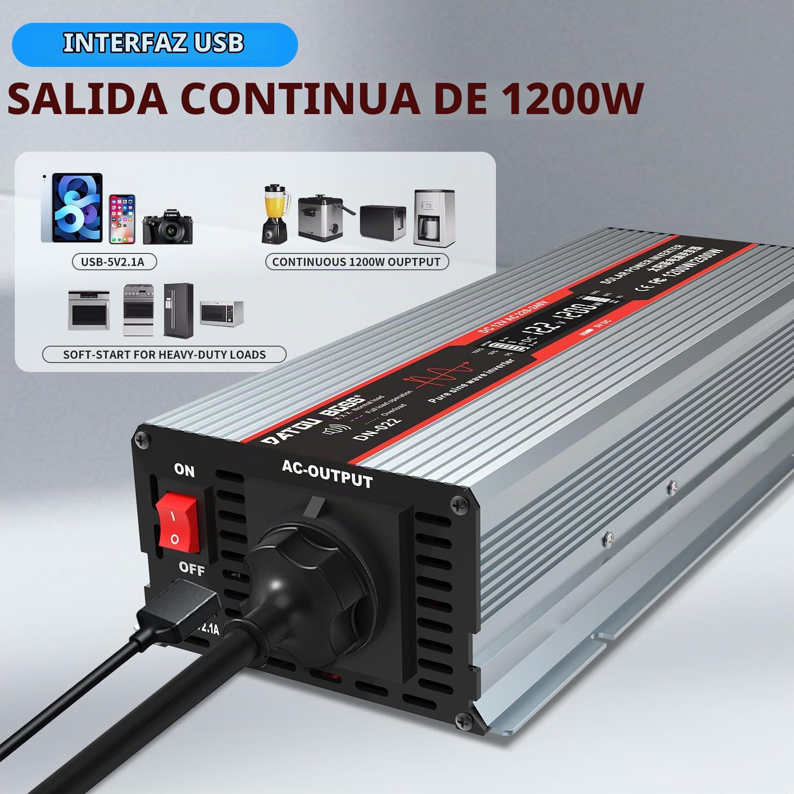 DATOUBOSS Inversor 12V 220V/230V Onda Sinusoidal Pura 1800W Convertidor De Voltaje Pico De Potencia 3600W con Tomas EU, Puerto USB Y Pantalla LCD para Electrodomésticos Caravana Camión Camping, Gris