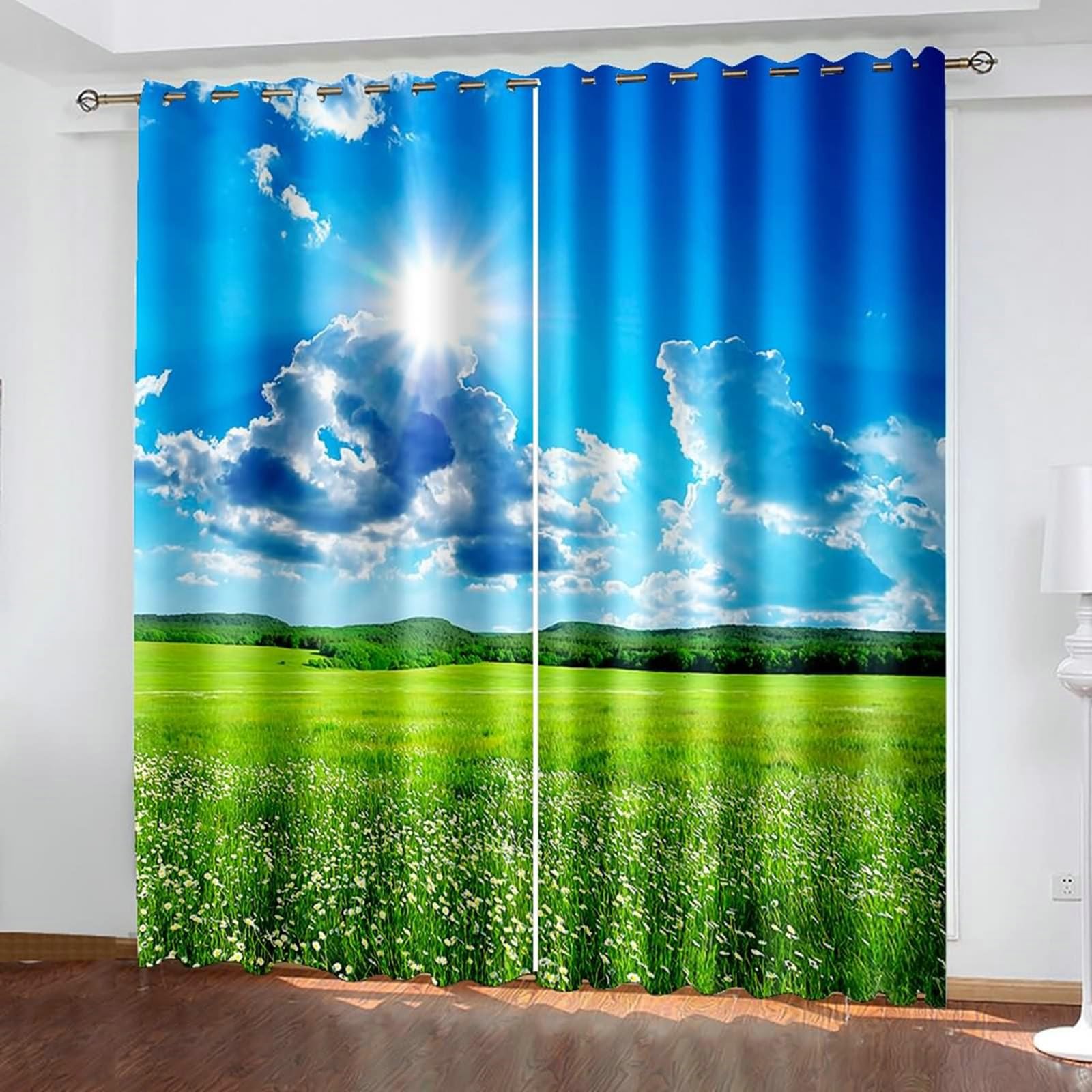 Zasłony do salonu, 213 cm długości, zasłony zaciemniające do pokoju, 2 zestawy paneli 60 szer. x 213 cm dł. słońce, łąka, niebo, krajobraz, izolacja termiczna, zasłony zaciemniające do