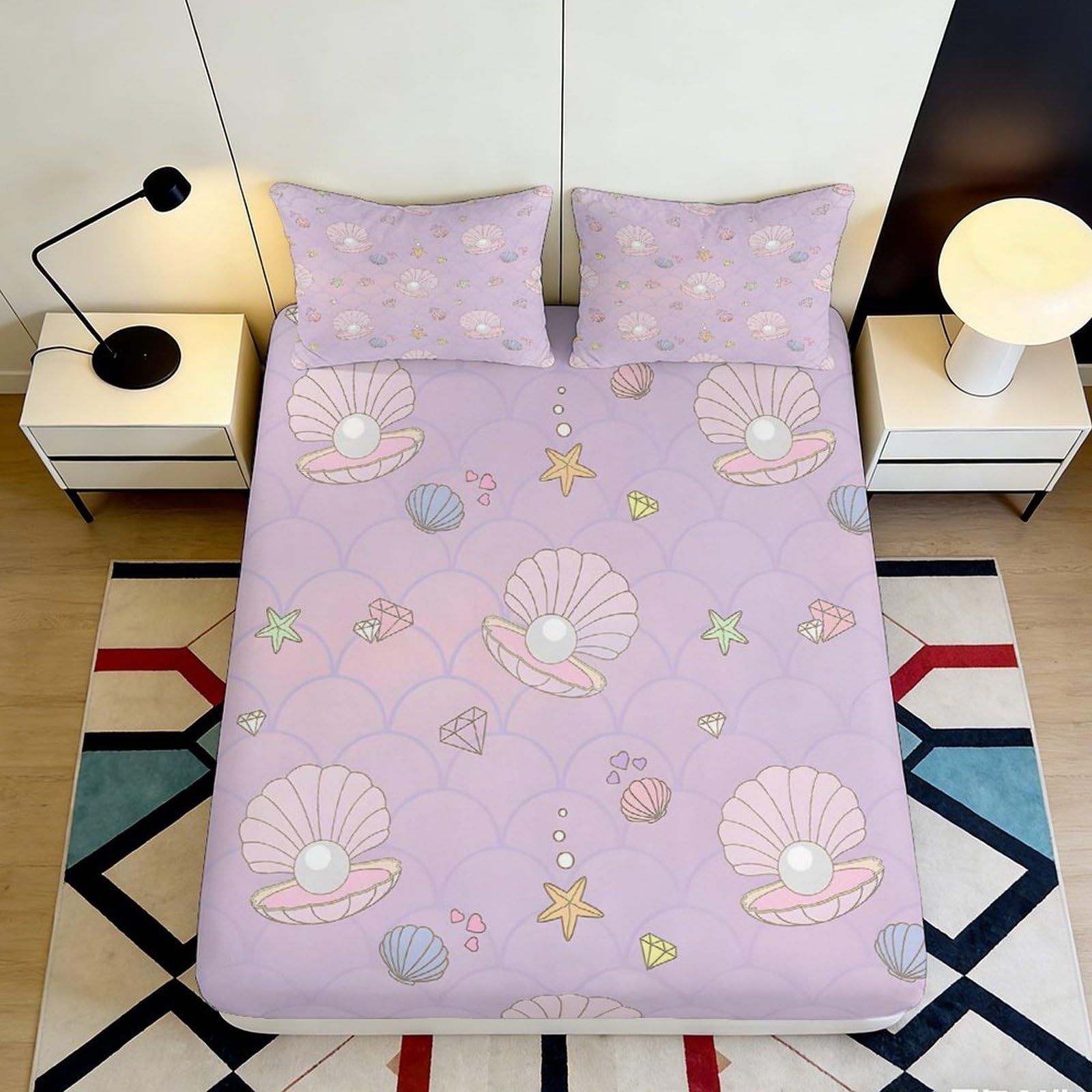 Decorative 3D Printed Fitted Sheet, Lavender Seashell Pattern, Microfiber Soft Touch, Bed Cover for Bedroom, Guest Room, Wrinkle Resistant, Apartment Bedding, Easy Care, 120x200cm 90x200x25cm